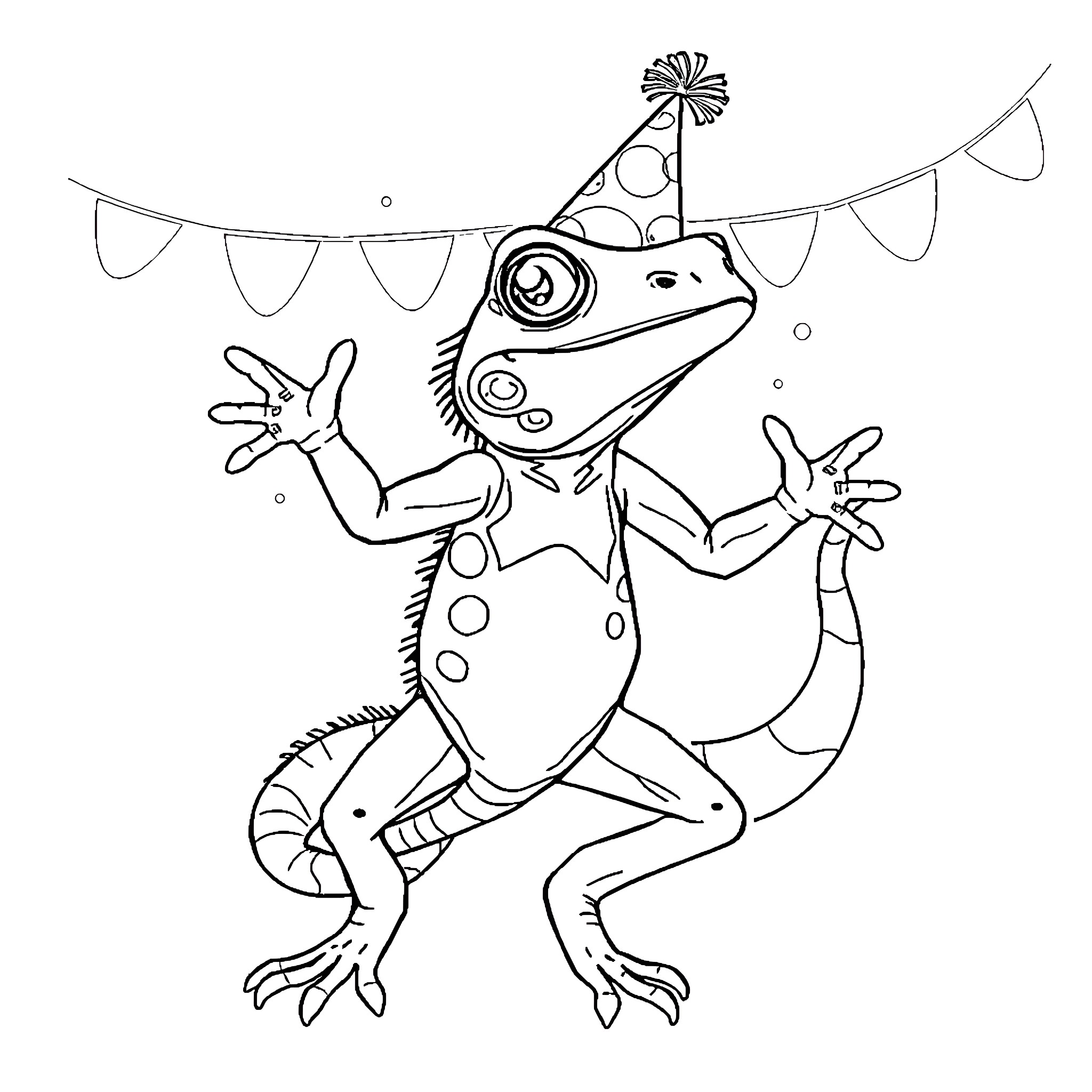 Lizard celebrating with party decorations Coloring Page (free black-and-white line drawing printable PDF for all, from beginners to advanced learners, including children, teens, adults, and seniors)