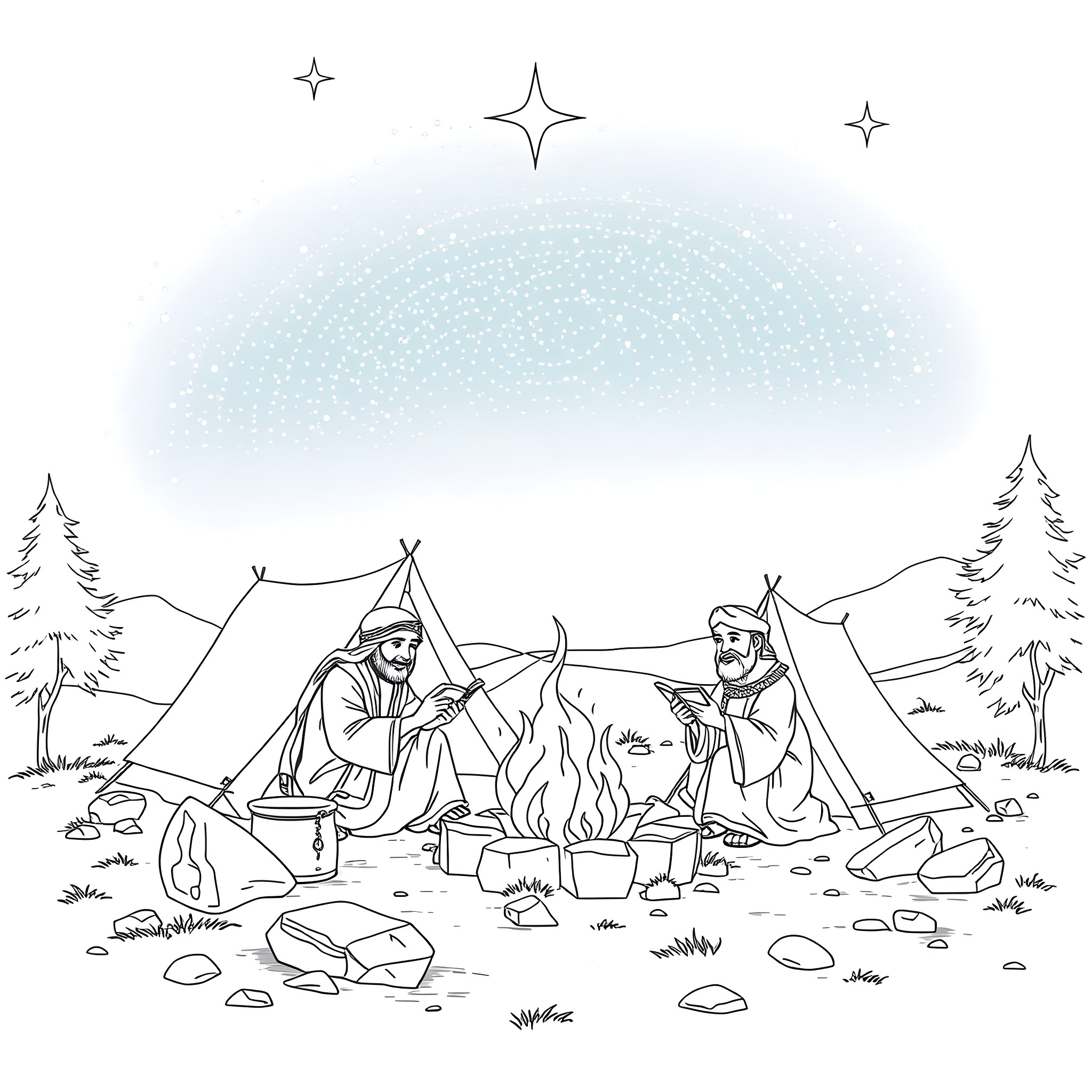 Bible characters camping in the wilderness Coloring Page (free black-and-white line drawing printable PDF for all, from beginners to advanced learners, including children, teens, adults, and seniors)