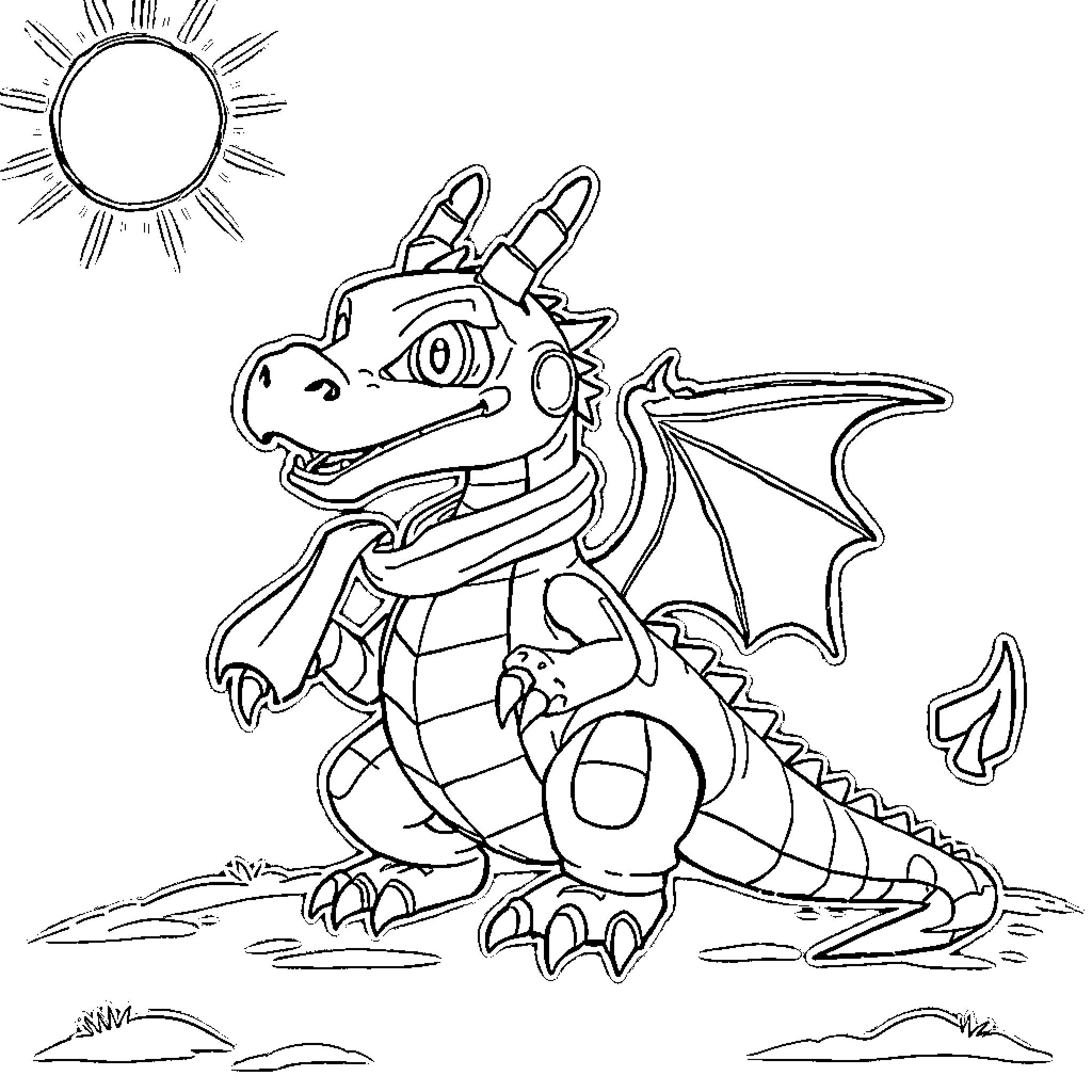 Dragon enjoying the sunny day Coloring Page (free black-and-white line drawing printable PDF for all, from beginners to advanced learners, including children, teens, adults, and seniors)