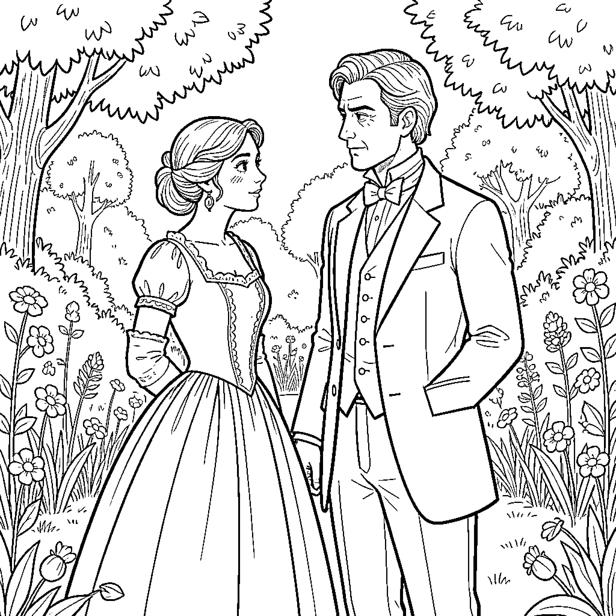 Elizabeth Bennet and Mr. Darcy in a romantic garden scene Coloring Page (free black-and-white line drawing printable PDF for all, from beginners to advanced learners, including children, teens, adults, and seniors)