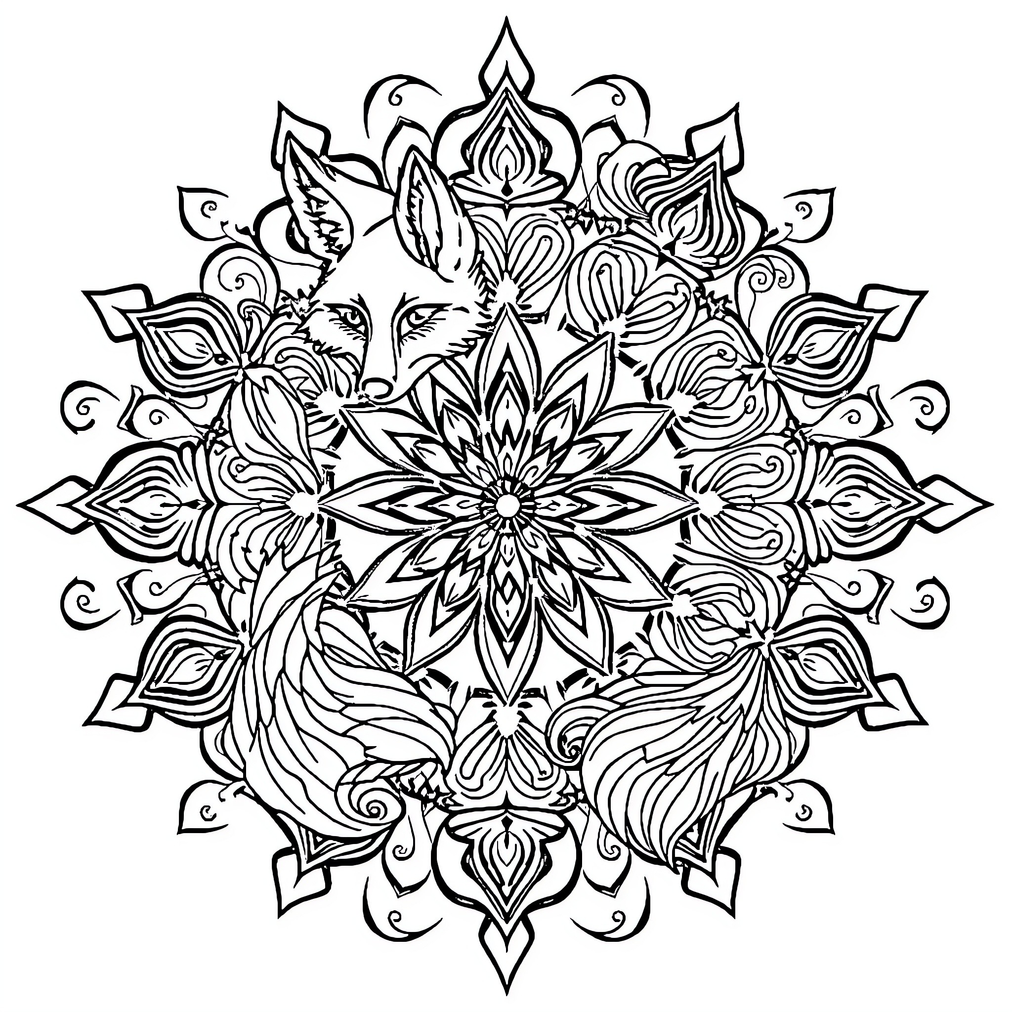 Fox Intricate Floral Mandala Pattern Coloring Page (free black-and-white line drawing printable PDF for all, from beginners to advanced learners, including children, teens, adults, and seniors)