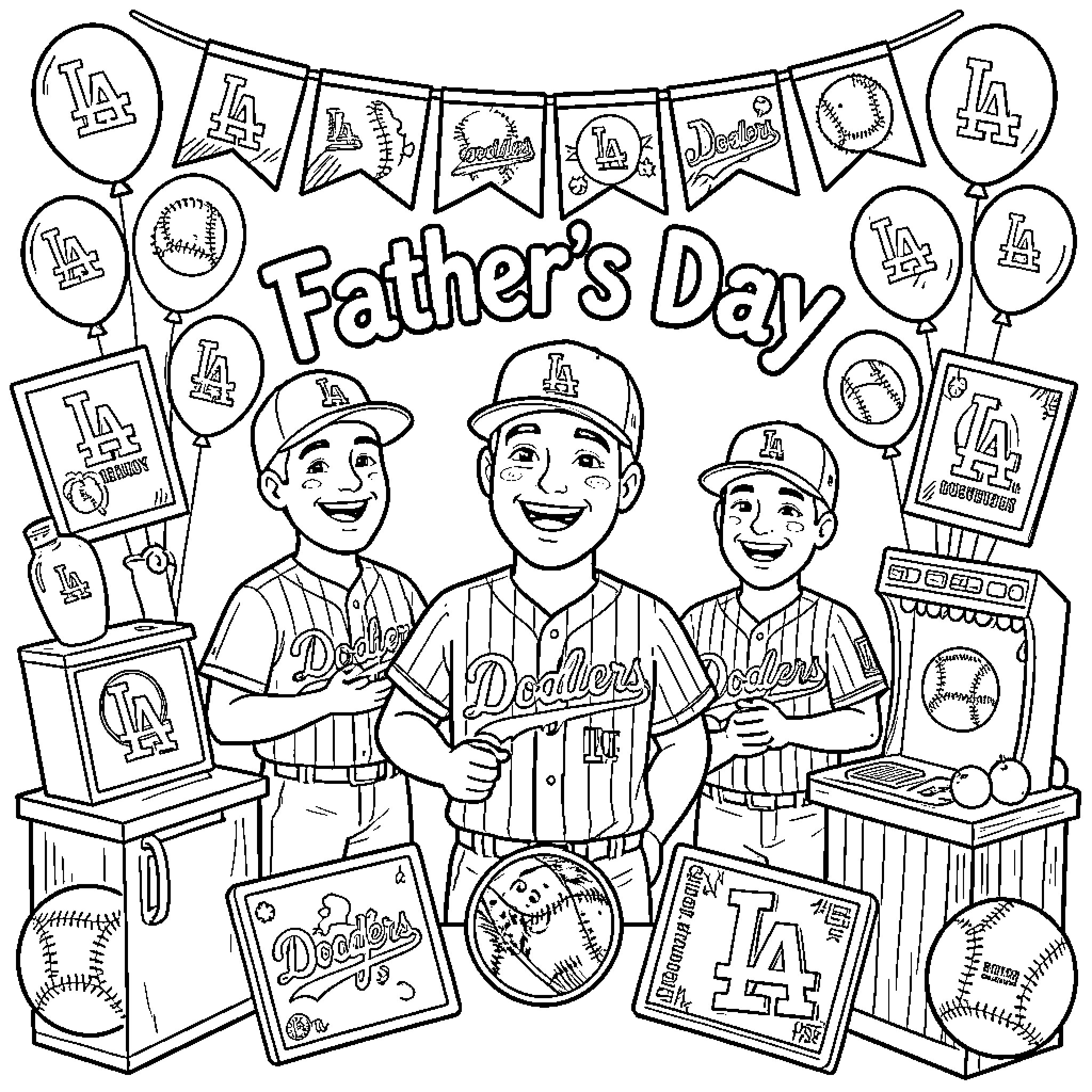 Dodgers baseball players celebrating Father's Day with fans Coloring Page (free black-and-white line drawing printable PDF for all, from beginners to advanced learners, including children, teens, adults, and seniors)