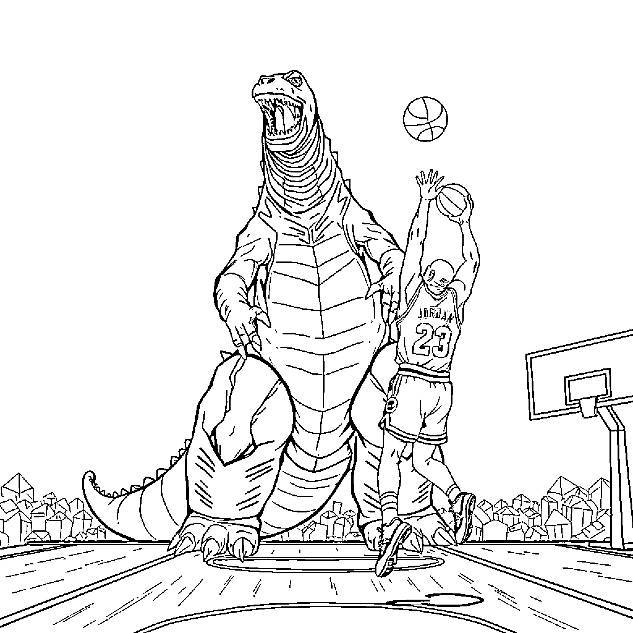 Godzilla playing basketball with a player Coloring Page (free black-and-white line drawing printable PDF for all, from beginners to advanced learners, including children, teens, adults, and seniors)