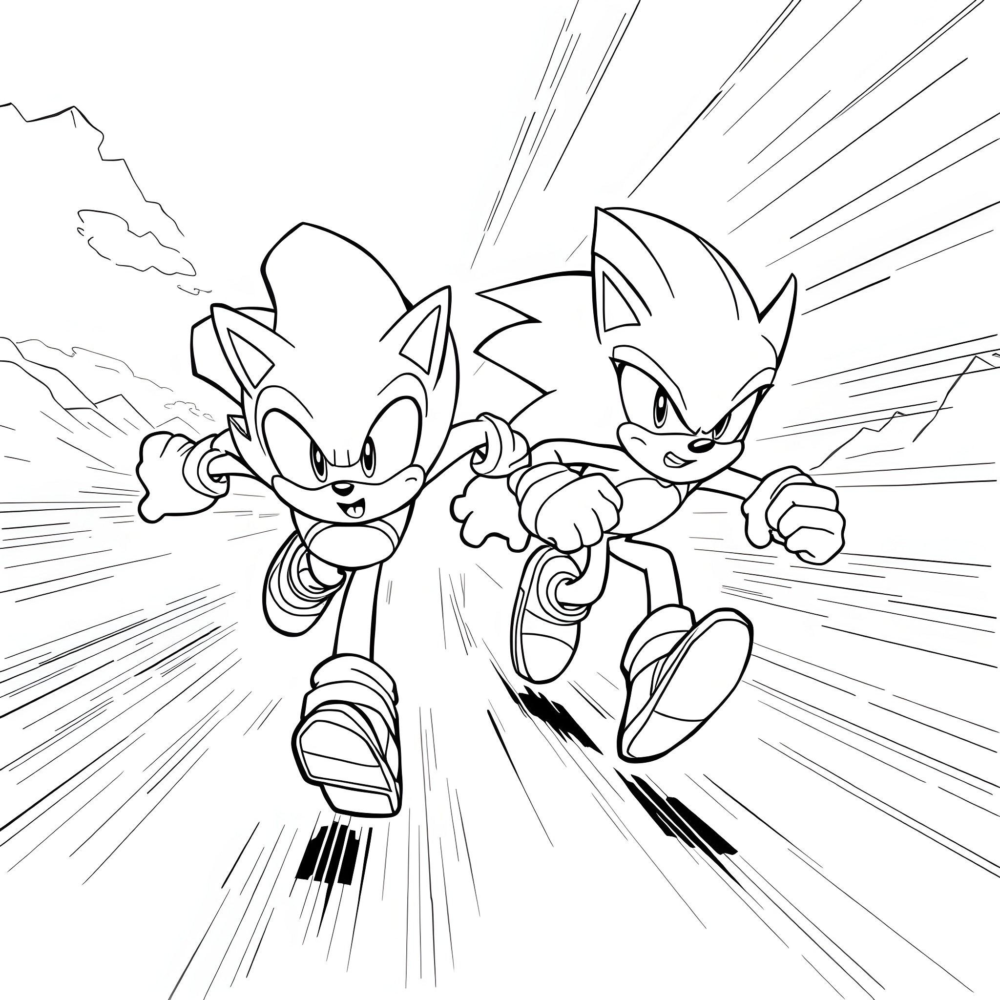 Sonic Characters Racing Speedily Coloring Page (free black-and-white line drawing printable PDF for all, from beginners to advanced learners, including children, teens, adults, and seniors)