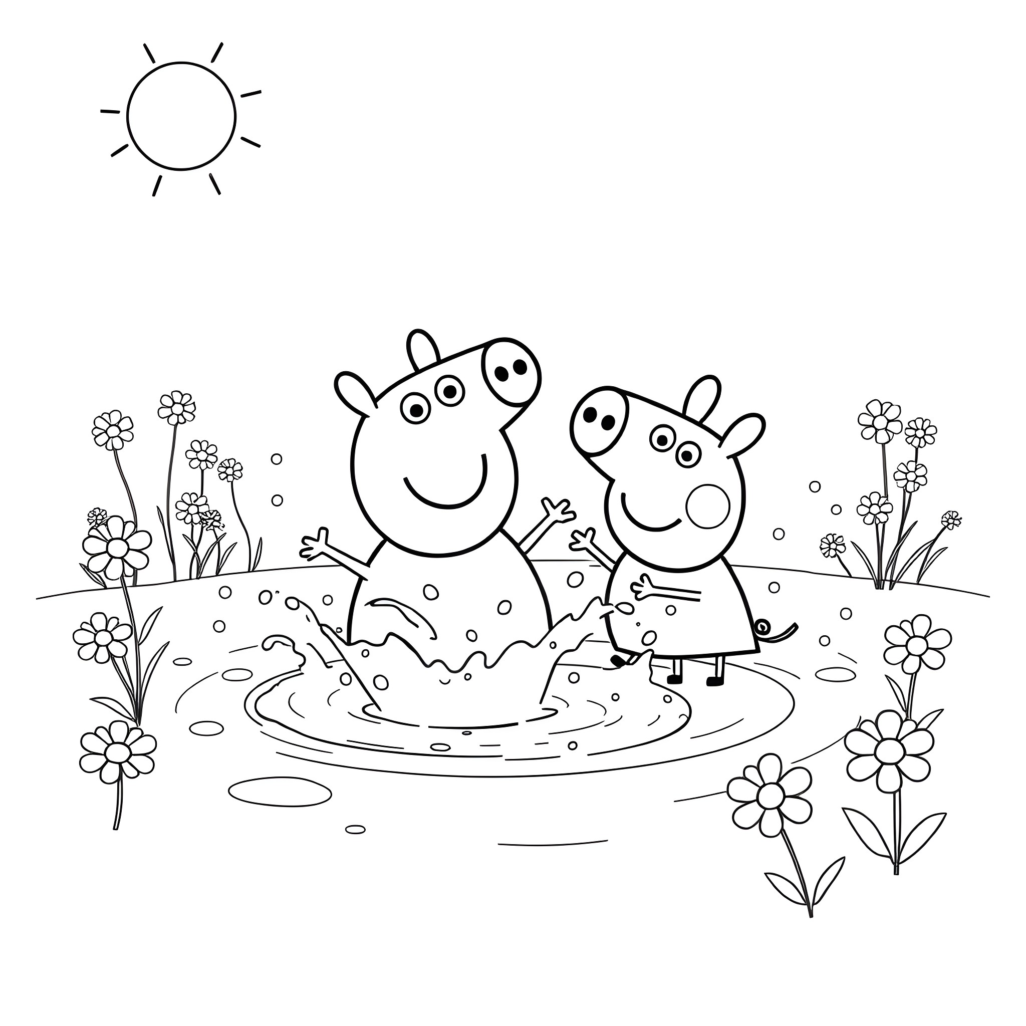 Peppa Pig and friends enjoying a sunny day outdoors Coloring Page (free black-and-white line drawing printable PDF for all, from beginners to advanced learners, including children, teens, adults, and seniors)