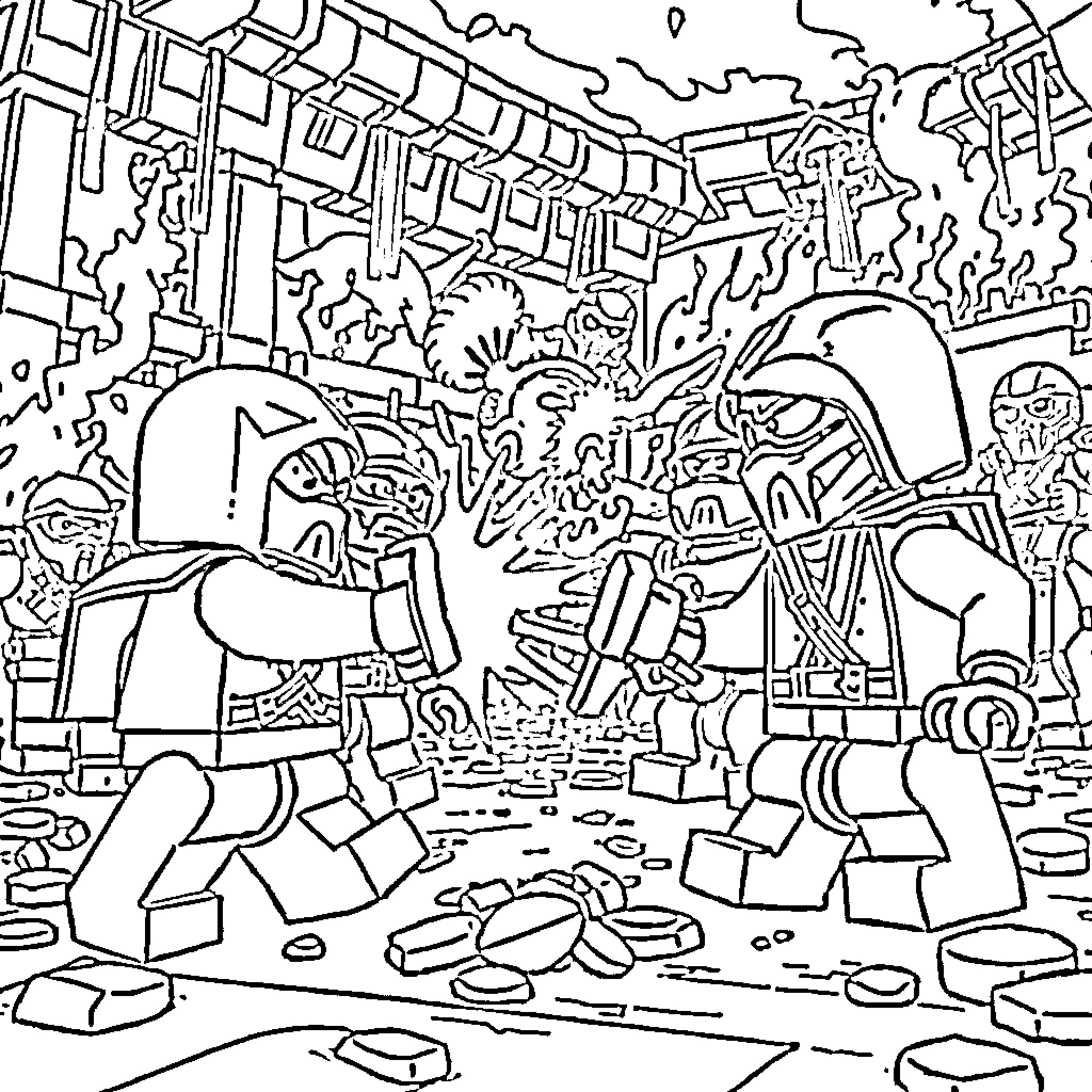 Lego characters exploring a fantastic world Coloring Page (free black-and-white line drawing printable PDF for all, from beginners to advanced learners, including children, teens, adults, and seniors)