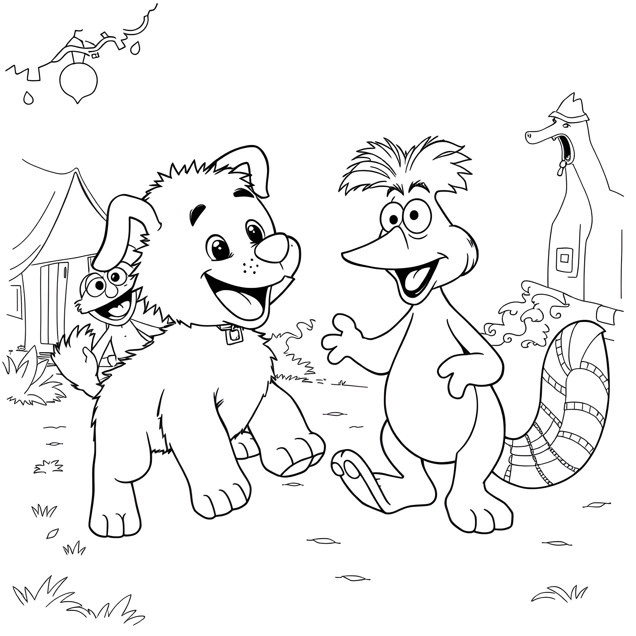 Bluey and friends playing together outdoors Coloring Page (free black-and-white line drawing printable PDF for all, from beginners to advanced learners, including children, teens, adults, and seniors)