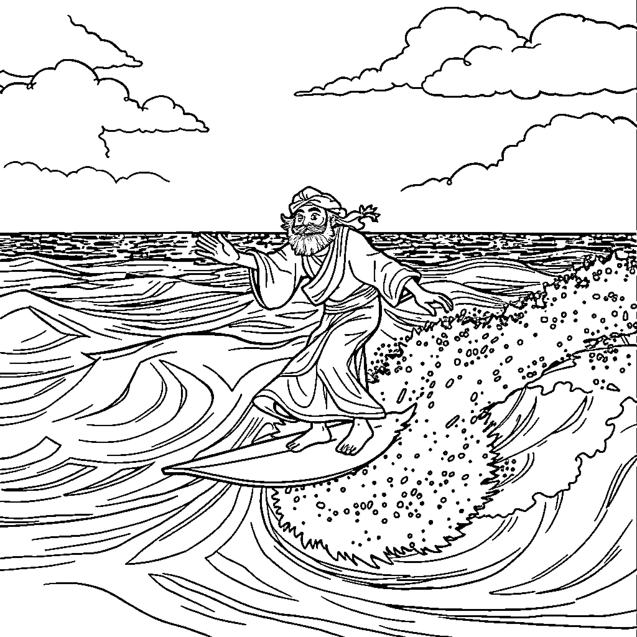 Rumi walking on the waves of the sea Coloring Page (free black-and-white line drawing printable PDF for all, from beginners to advanced learners, including children, teens, adults, and seniors)