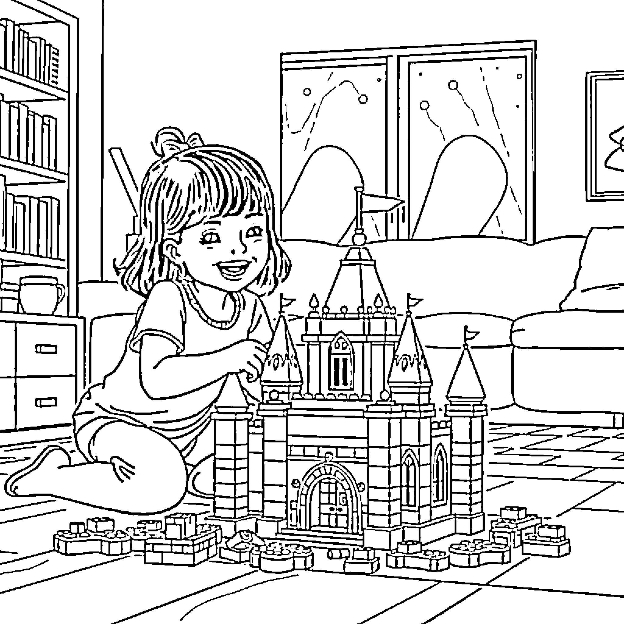 Girl playing with toy castle in her room Coloring Page (free black-and-white line drawing printable PDF for all, from beginners to advanced learners, including children, teens, adults, and seniors)