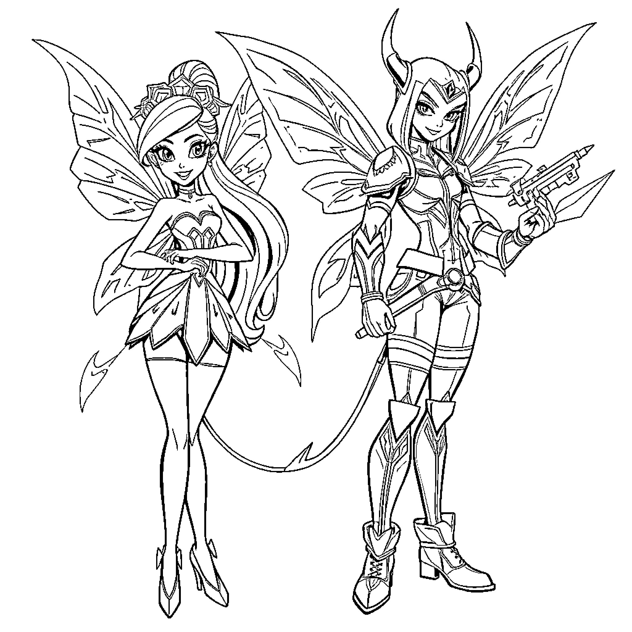 Flora's Fanciful Fairy Friends in Vibrant Attire Coloring Page (free black-and-white line drawing printable PDF for all, from beginners to advanced learners, including children, teens, adults, and seniors)