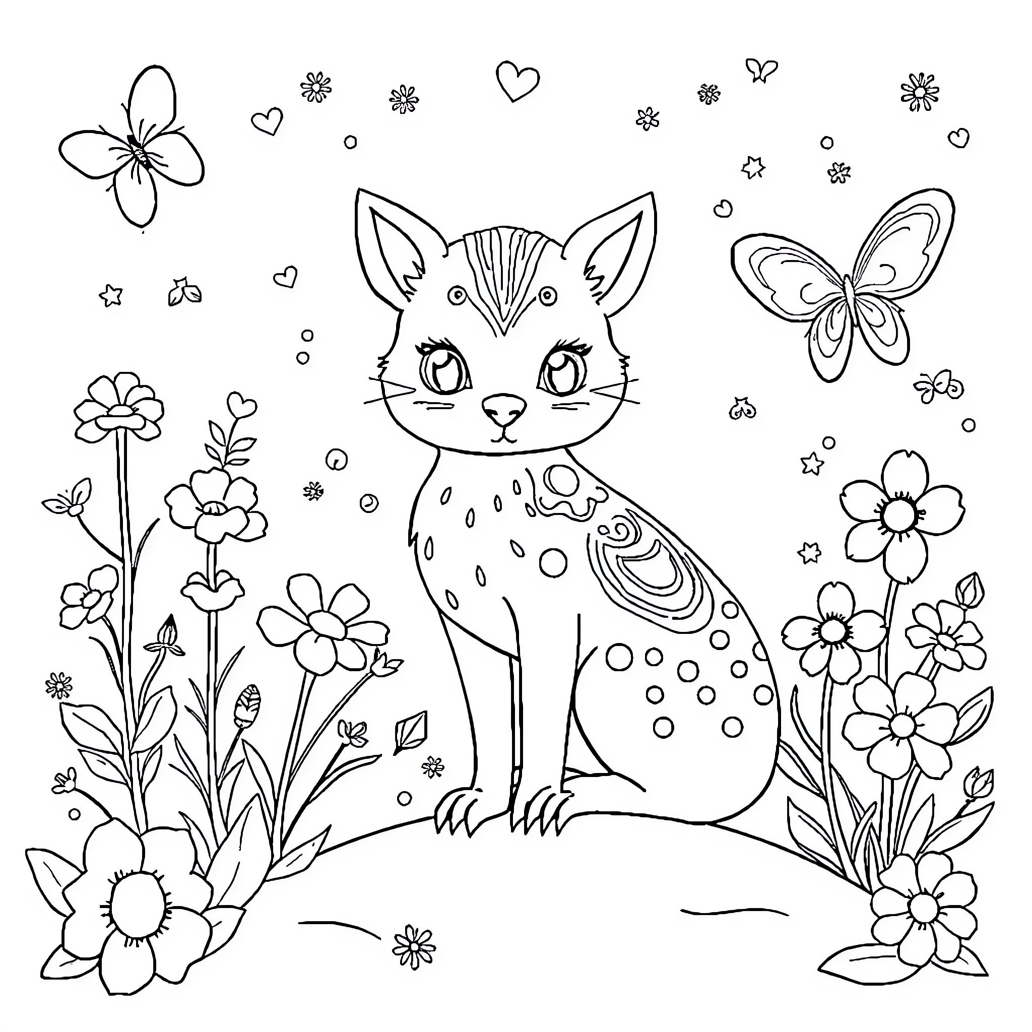Children's playful wildlife scene with a spotted cat Coloring Page (free black-and-white line drawing printable PDF for all, from beginners to advanced learners, including children, teens, adults, and seniors)