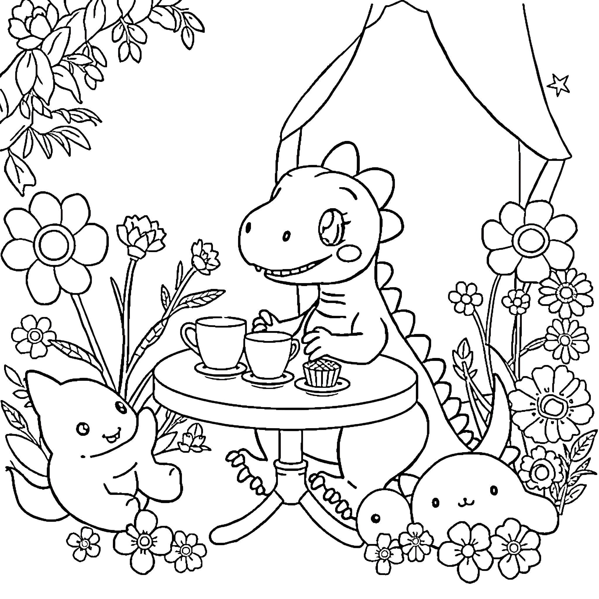 Dinosaur enjoying tea party with cute animal friends Coloring Page (free black-and-white line drawing printable PDF for all, from beginners to advanced learners, including children, teens, adults, and seniors)