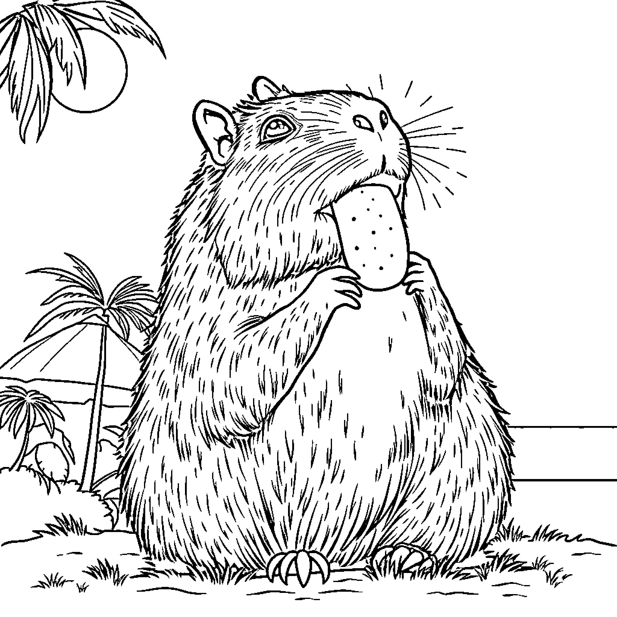 Capybara enjoying a snack in tropical surroundings Coloring Page (free black-and-white line drawing printable PDF for all, from beginners to advanced learners, including children, teens, adults, and seniors)