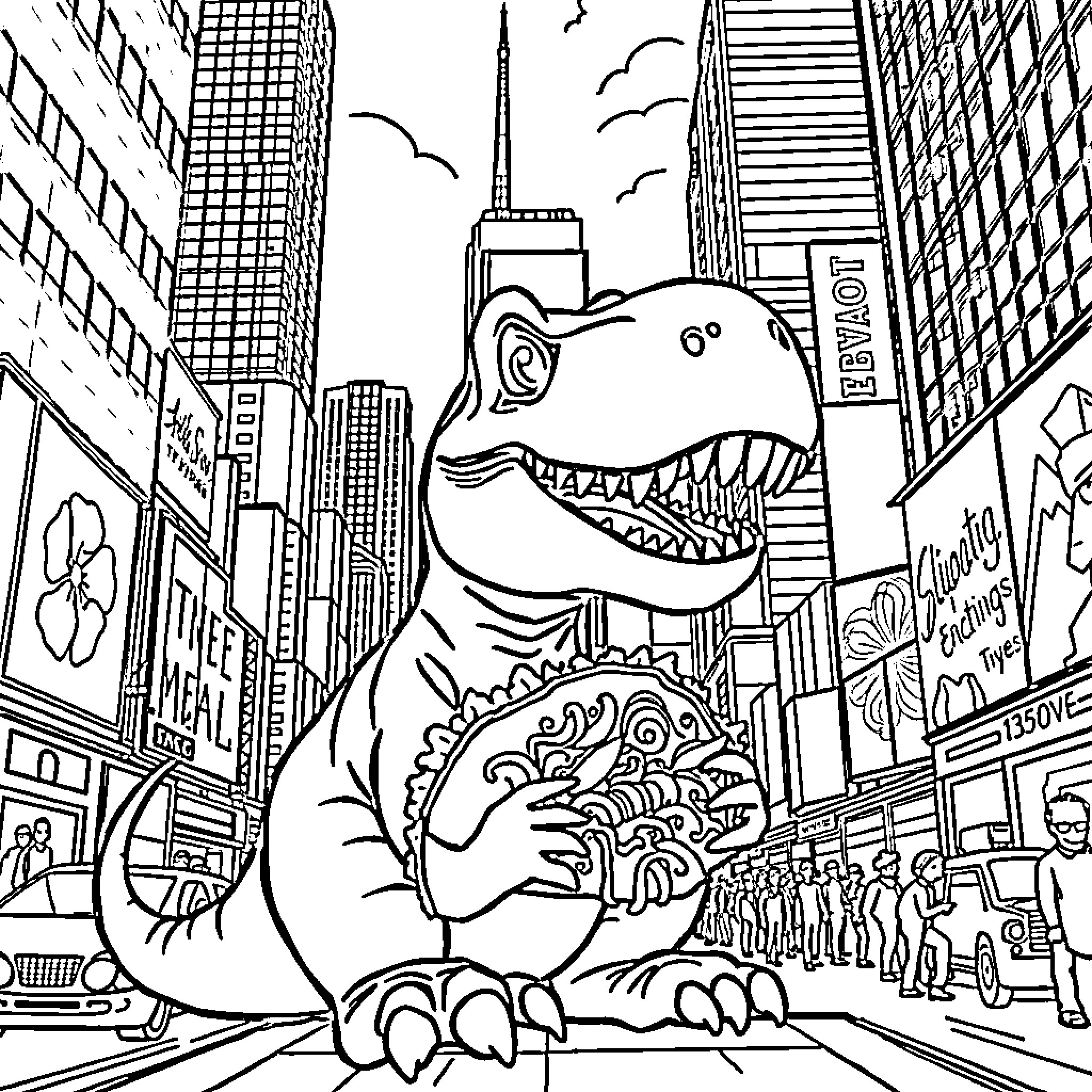 Dinosaur roaming the busy city streets Coloring Page (free black-and-white line drawing printable PDF for all, from beginners to advanced learners, including children, teens, adults, and seniors)
