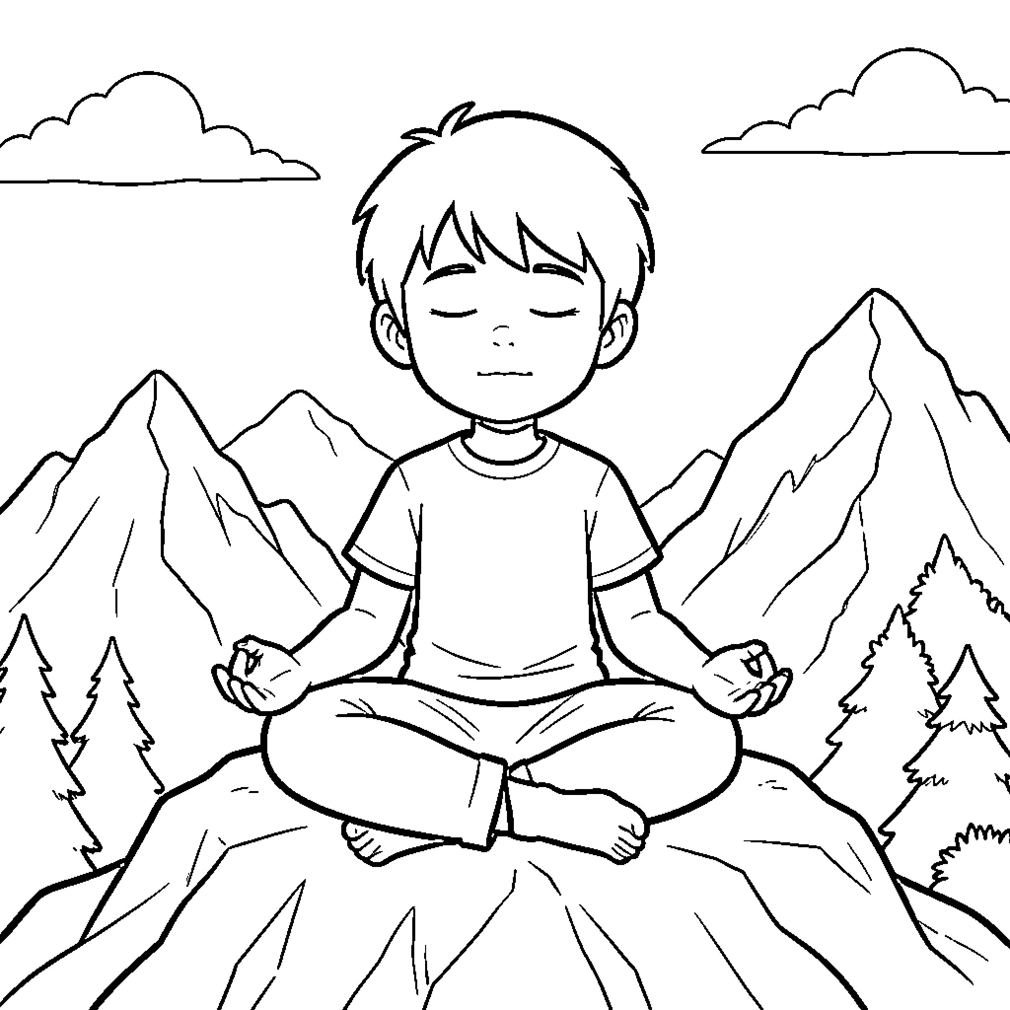 Niño meditating peacefully in the mountains Coloring Page (free black-and-white line drawing printable PDF for all, from beginners to advanced learners, including children, teens, adults, and seniors)