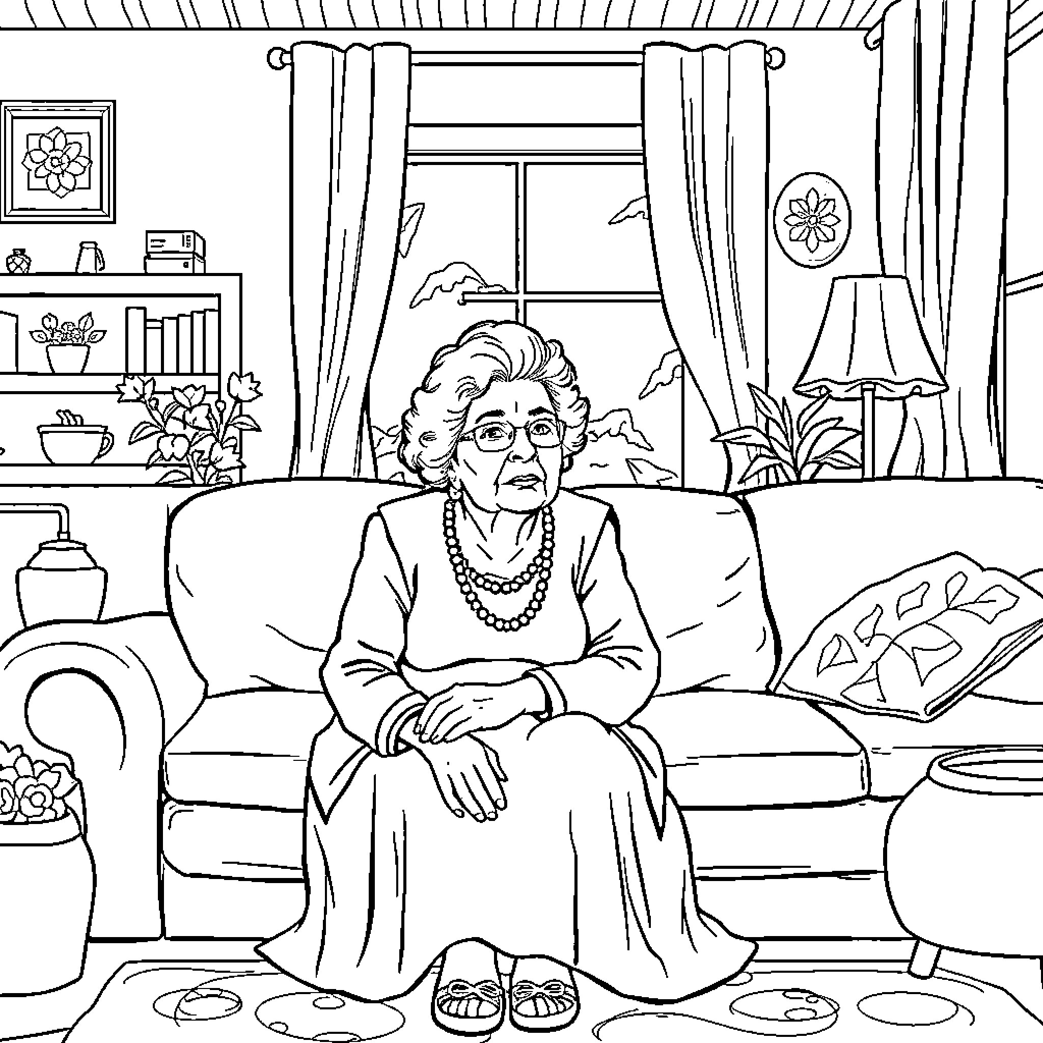 Grandma relaxing in her cozy home Coloring Page (free black-and-white line drawing printable PDF for all, from beginners to advanced learners, including children, teens, adults, and seniors)