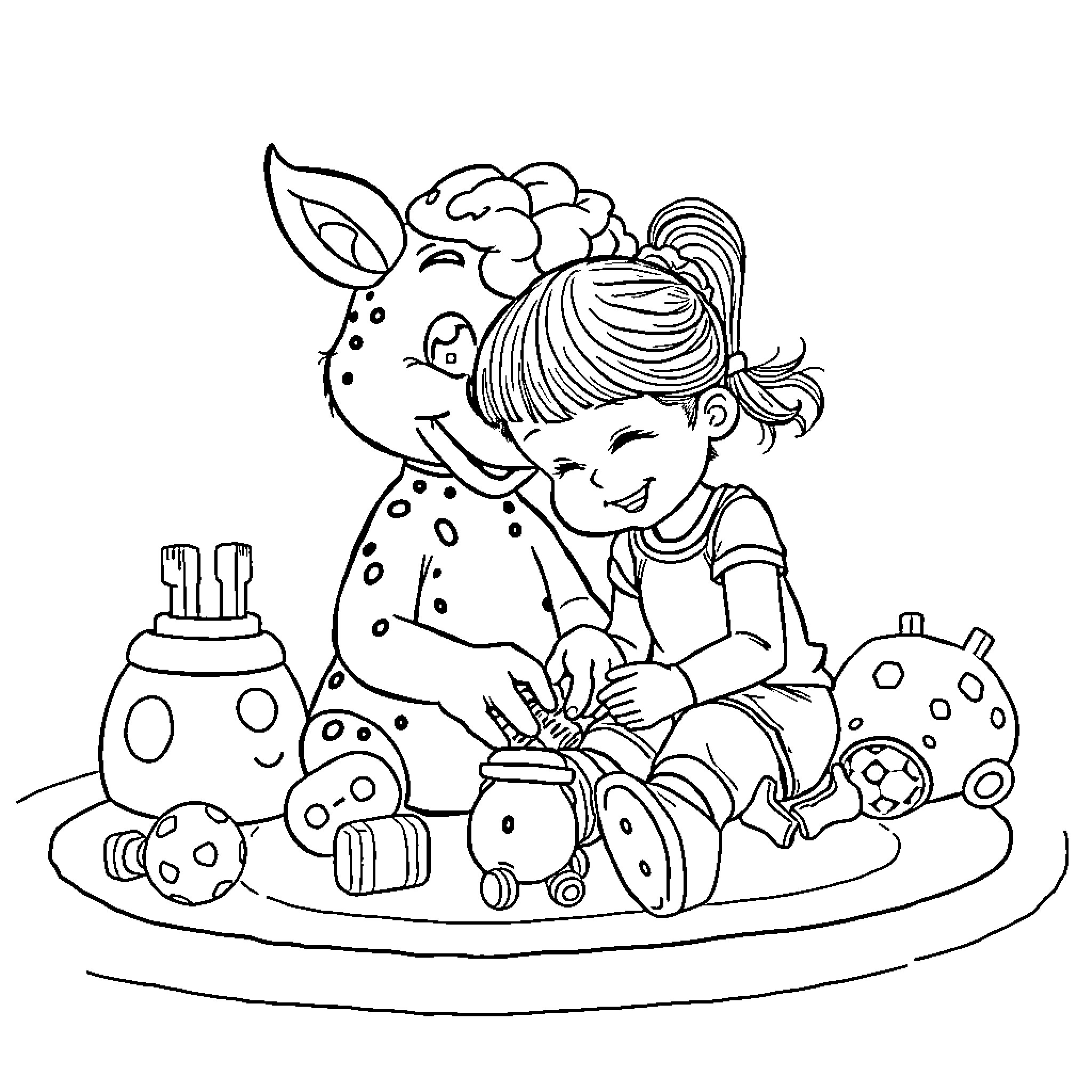 Brainrot: Child playing joyfully with toys Coloring Page (free black-and-white line drawing printable PDF for all, from beginners to advanced learners, including children, teens, adults, and seniors)