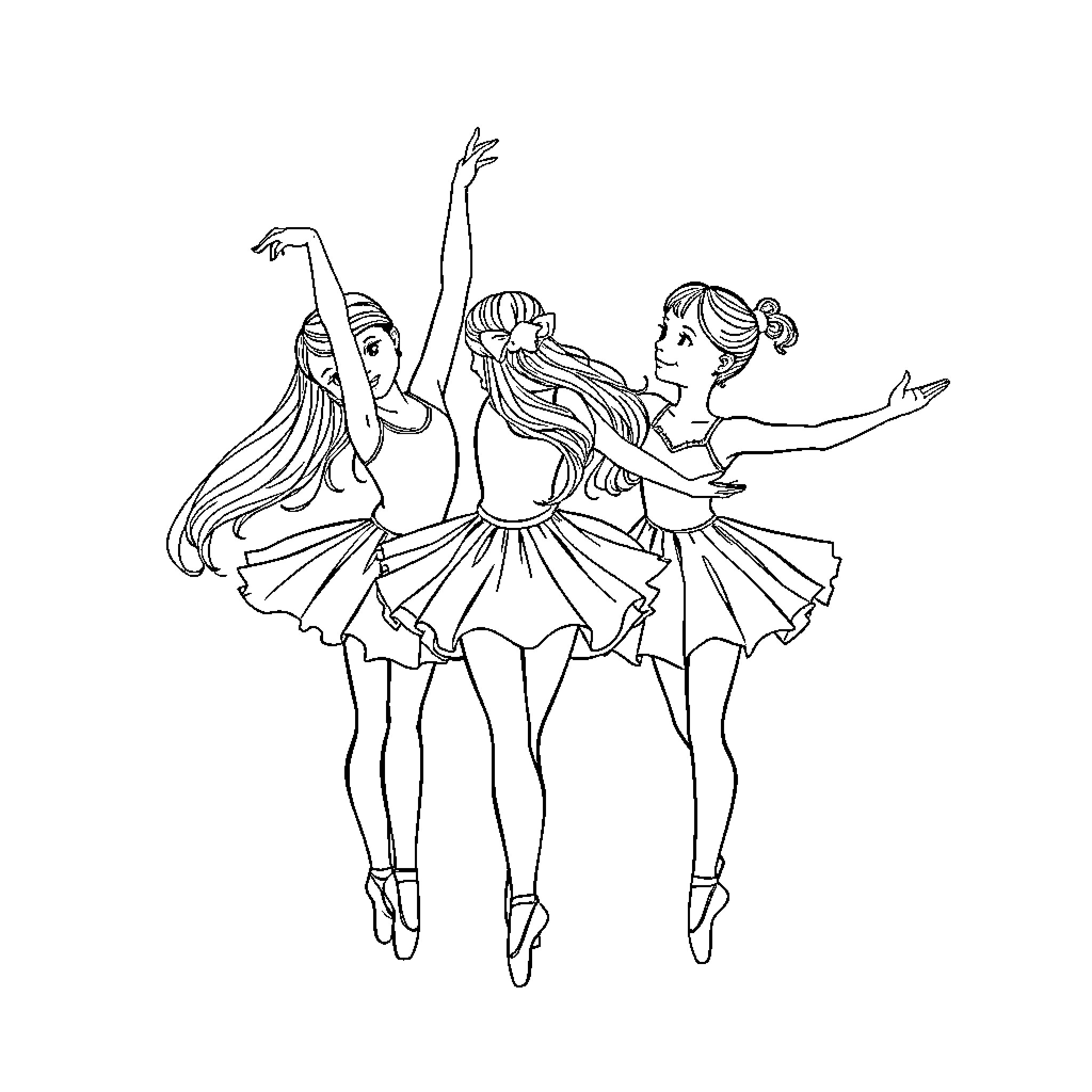 Girls dancing gracefully in colorful ballet tutus Coloring Page (free black-and-white line drawing printable PDF for all, from beginners to advanced learners, including children, teens, adults, and seniors)