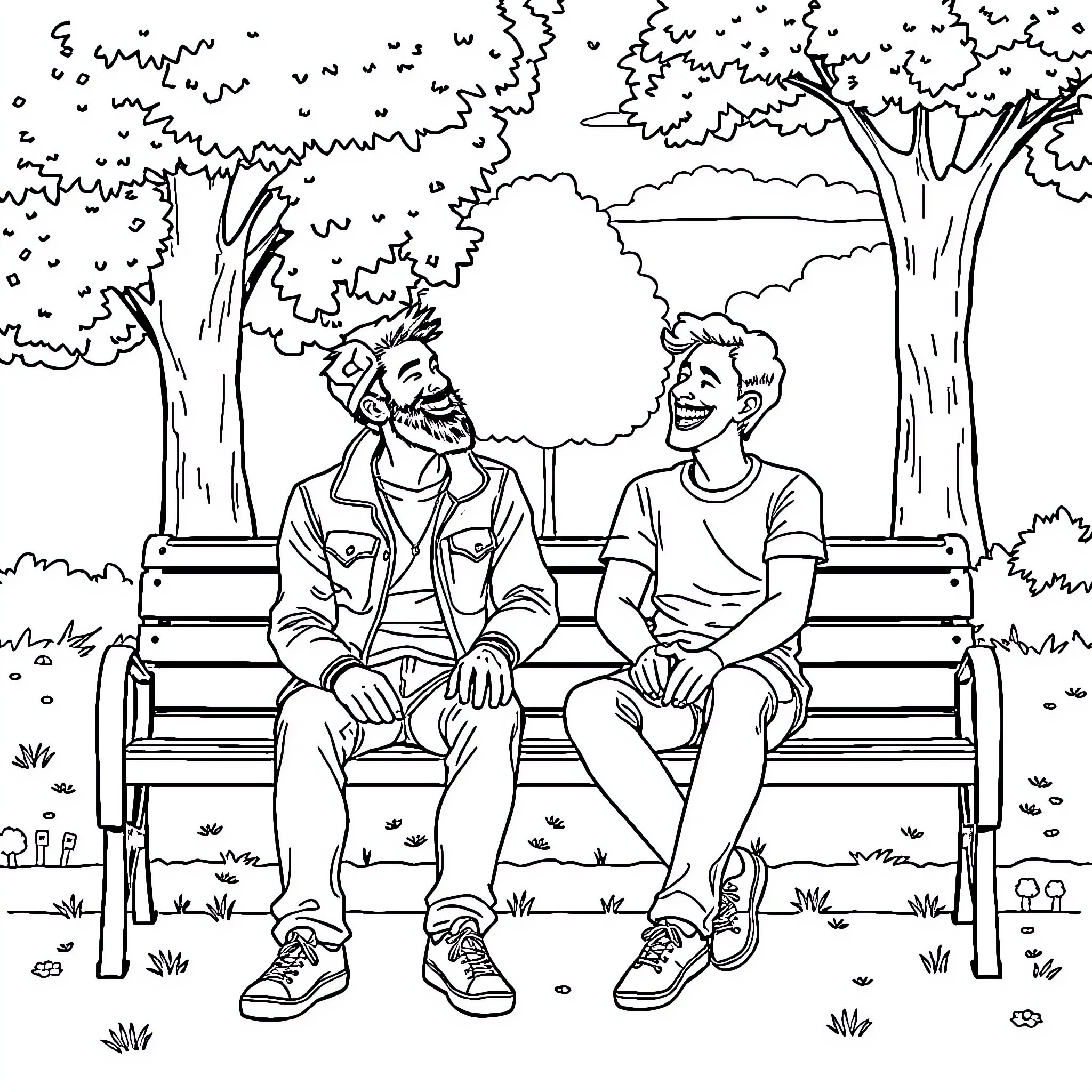 Dude friends enjoying the park scenery Coloring Page (free black-and-white line drawing printable PDF for all, from beginners to advanced learners, including children, teens, adults, and seniors)