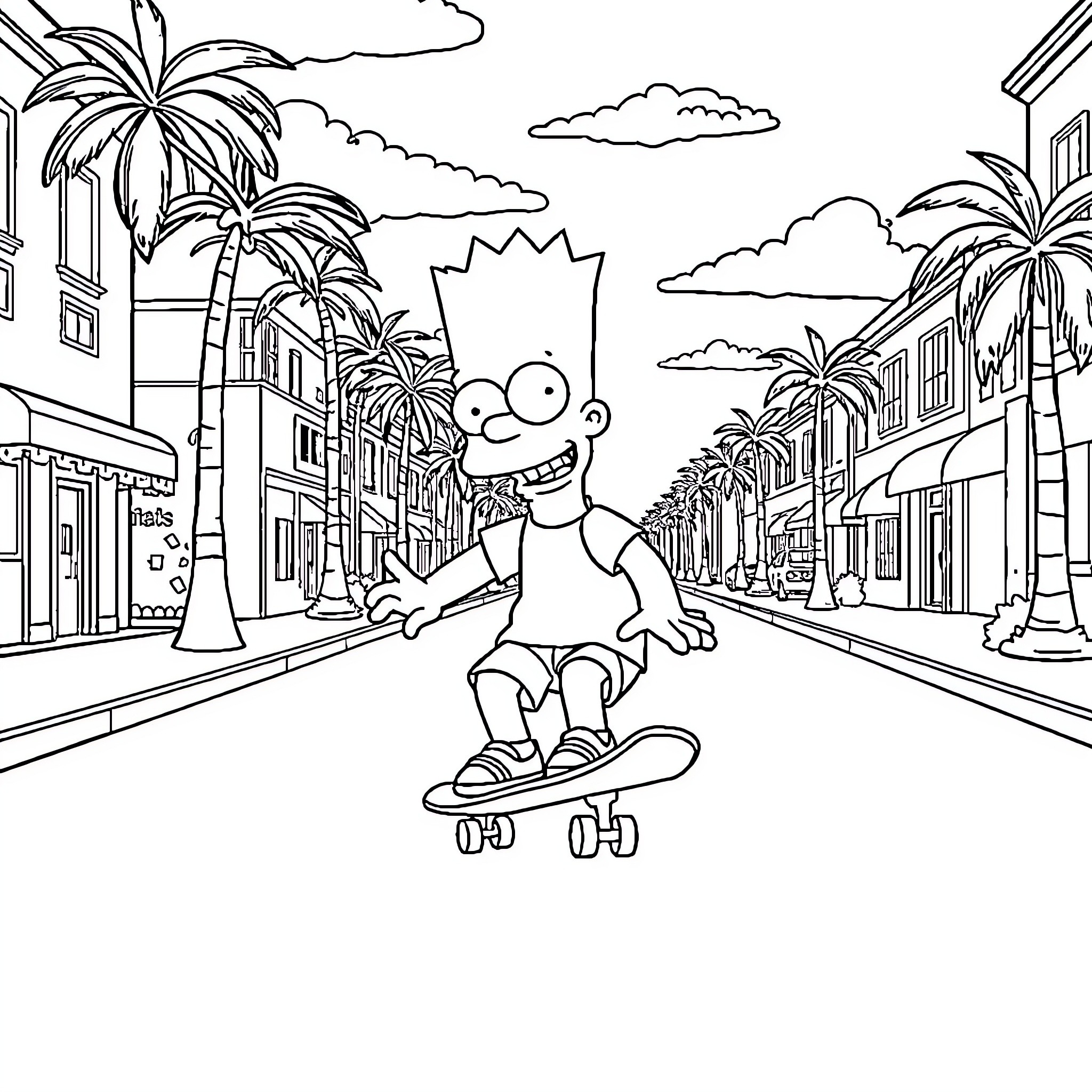 Bart Simpson skateboarding in a tropical town Coloring Page (free black-and-white line drawing printable PDF for all, from beginners to advanced learners, including children, teens, adults, and seniors)