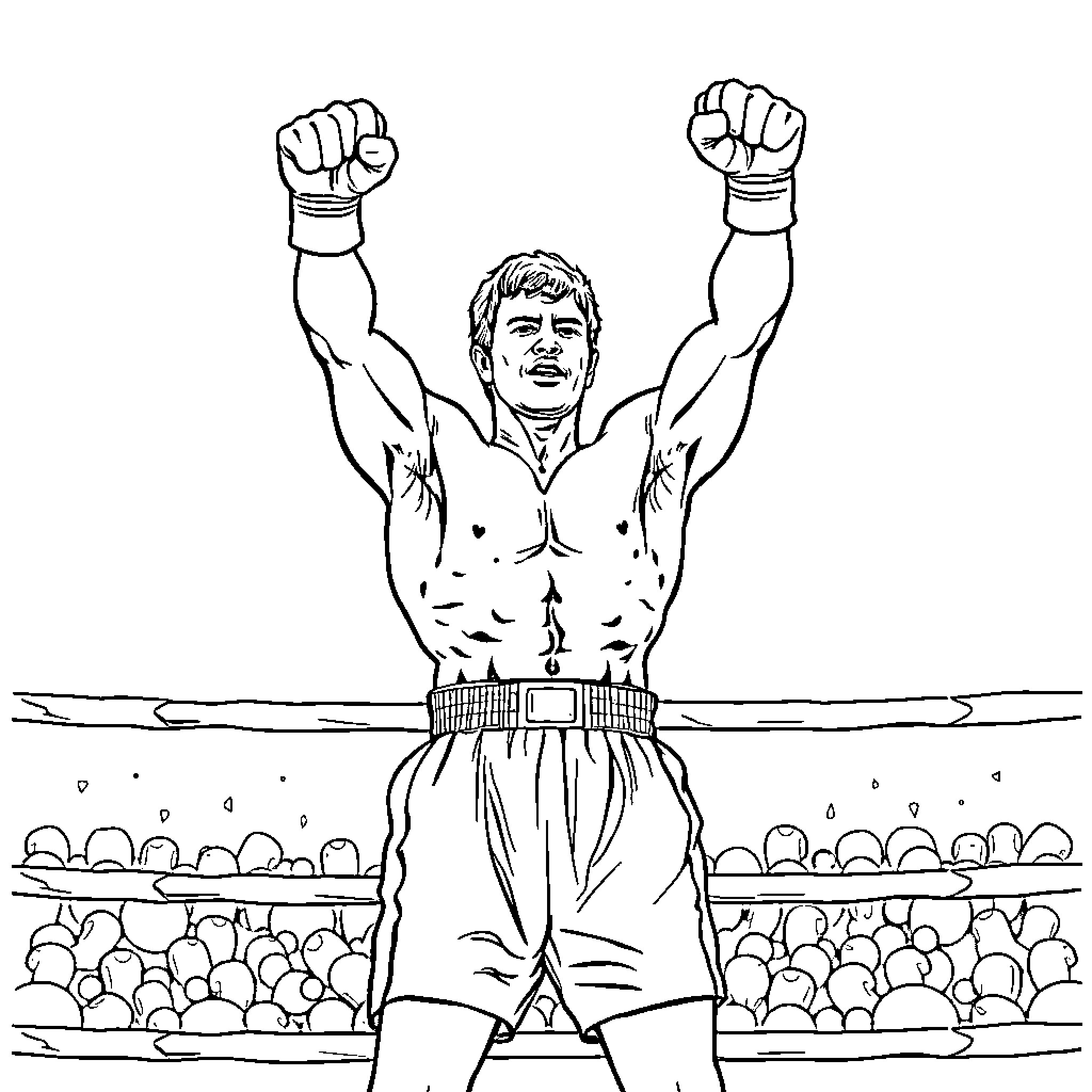 Rocky triumphs in the boxing ring Coloring Page (free black-and-white line drawing printable PDF for all, from beginners to advanced learners, including children, teens, adults, and seniors)
