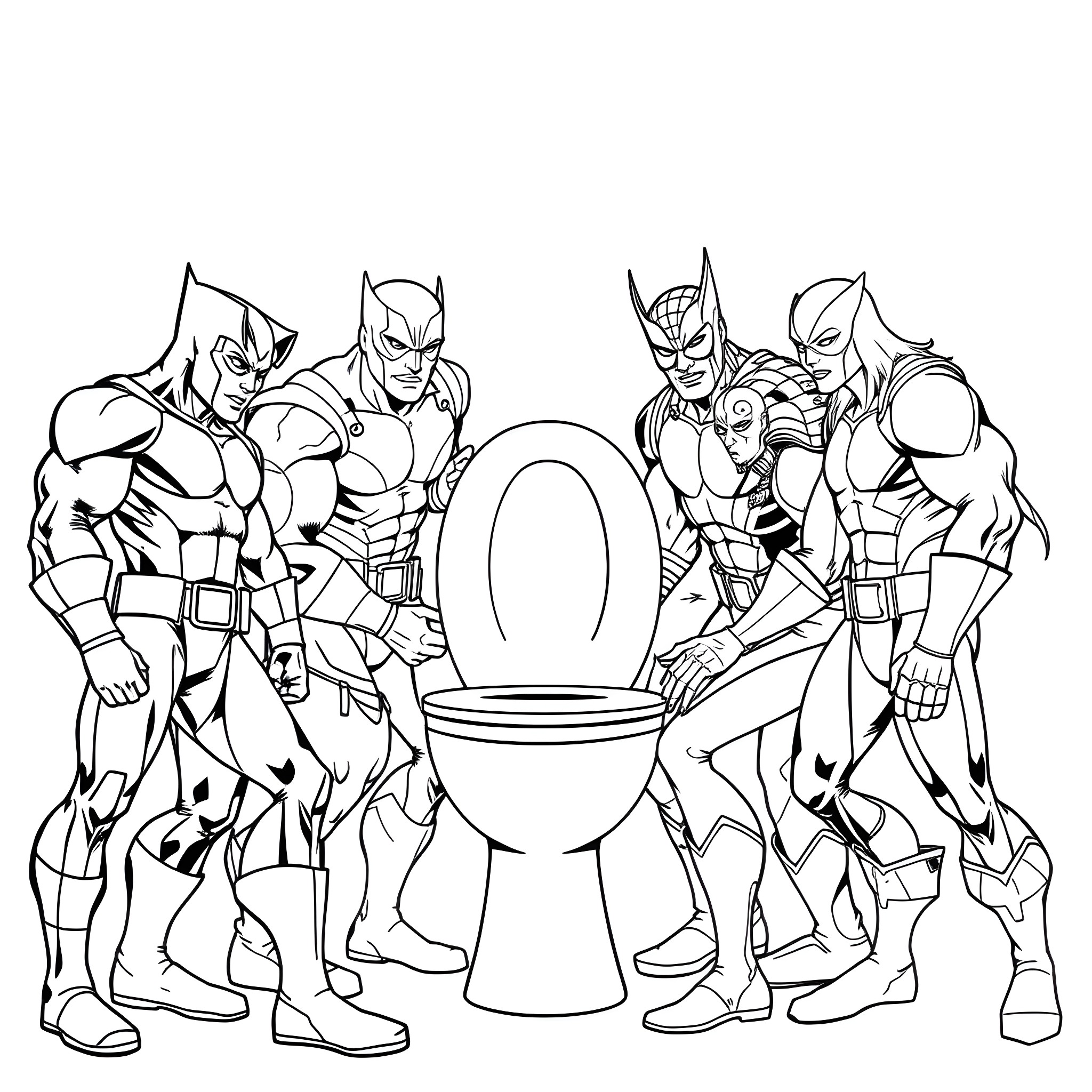 X-Men Superheroes Confront a Mysterious Toilet Coloring Page (free black-and-white line drawing printable PDF for all, from beginners to advanced learners, including children, teens, adults, and seniors)