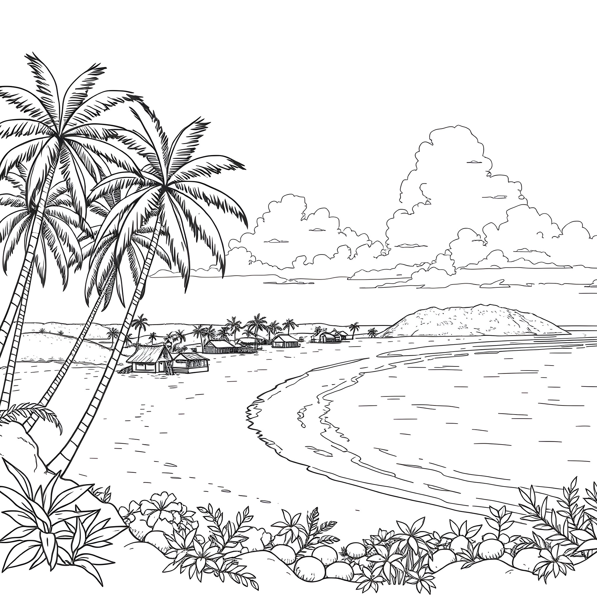 Cayman Islands tropical beach scene with palm trees Coloring Page (free black-and-white line drawing printable PDF for all, from beginners to advanced learners, including children, teens, adults, and seniors)