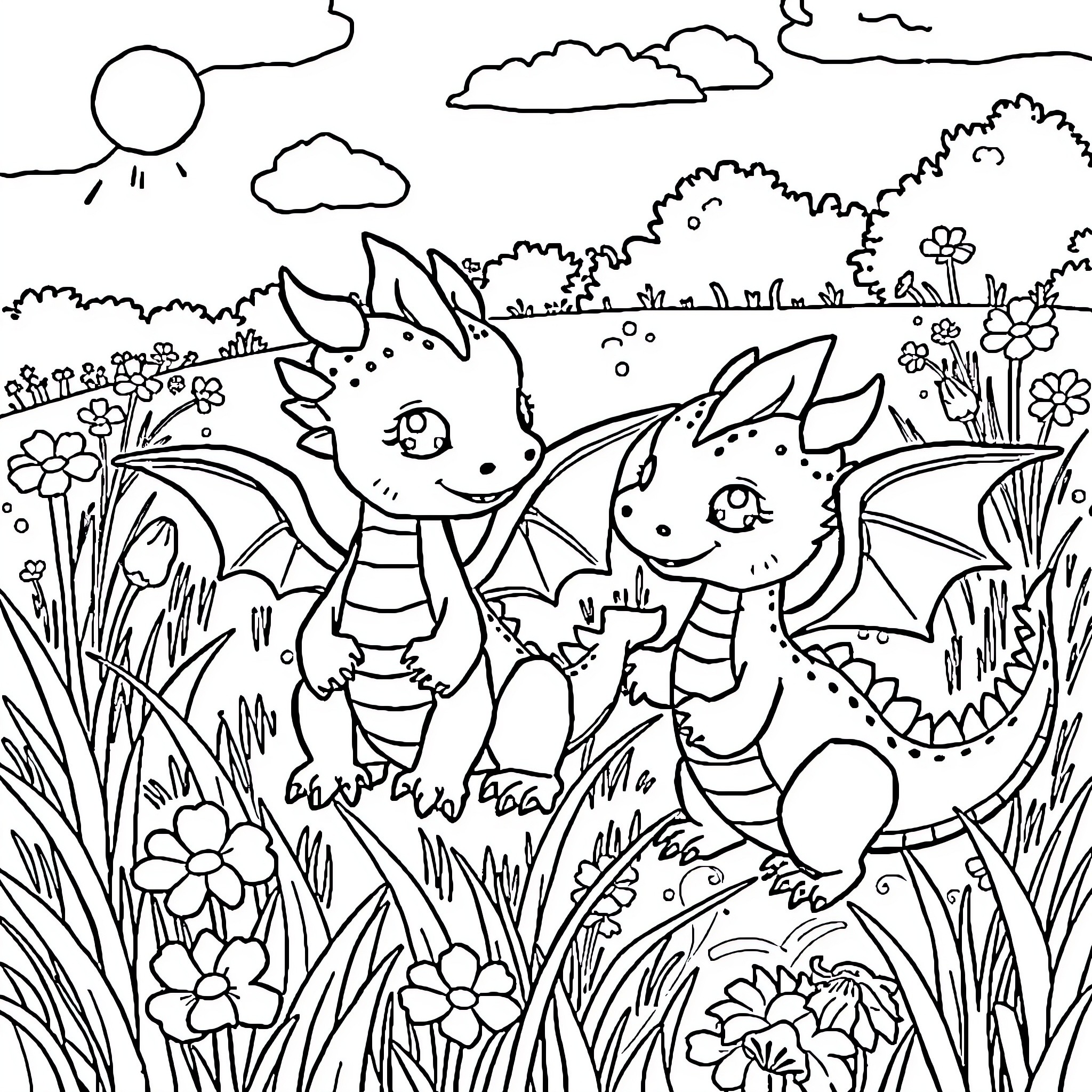 Dragon friends exploring a whimsical nature scene Coloring Page (free black-and-white line drawing printable PDF for all, from beginners to advanced learners, including children, teens, adults, and seniors)