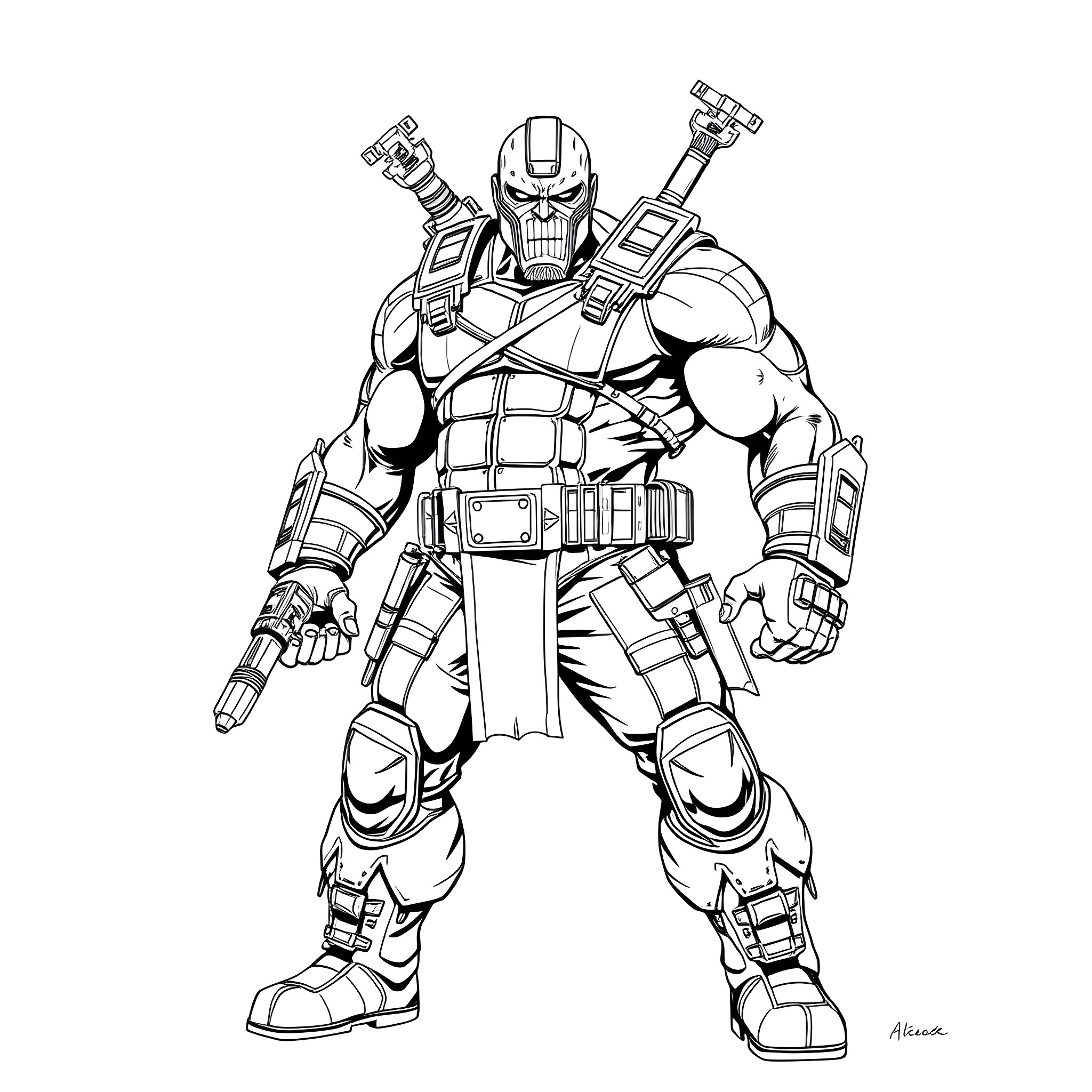 Nuke the Powerful Armored Warrior Coloring Page (free black-and-white line drawing printable PDF for all, from beginners to advanced learners, including children, teens, adults, and seniors)