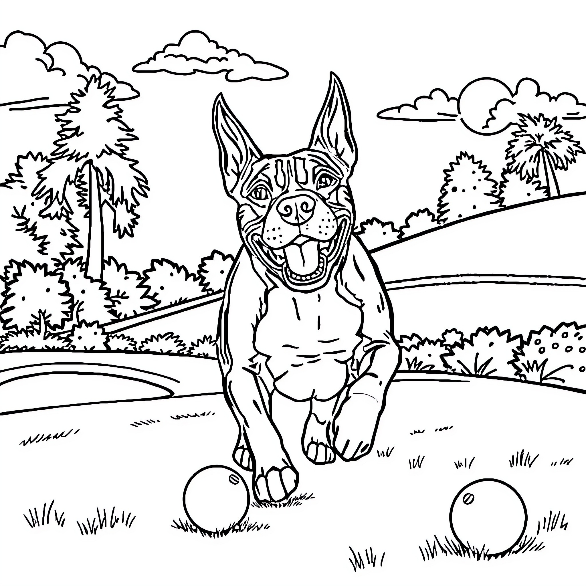 Cane Corso playing happily in scenic outdoor landscape Coloring Page (free black-and-white line drawing printable PDF for all, from beginners to advanced learners, including children, teens, adults, and seniors)