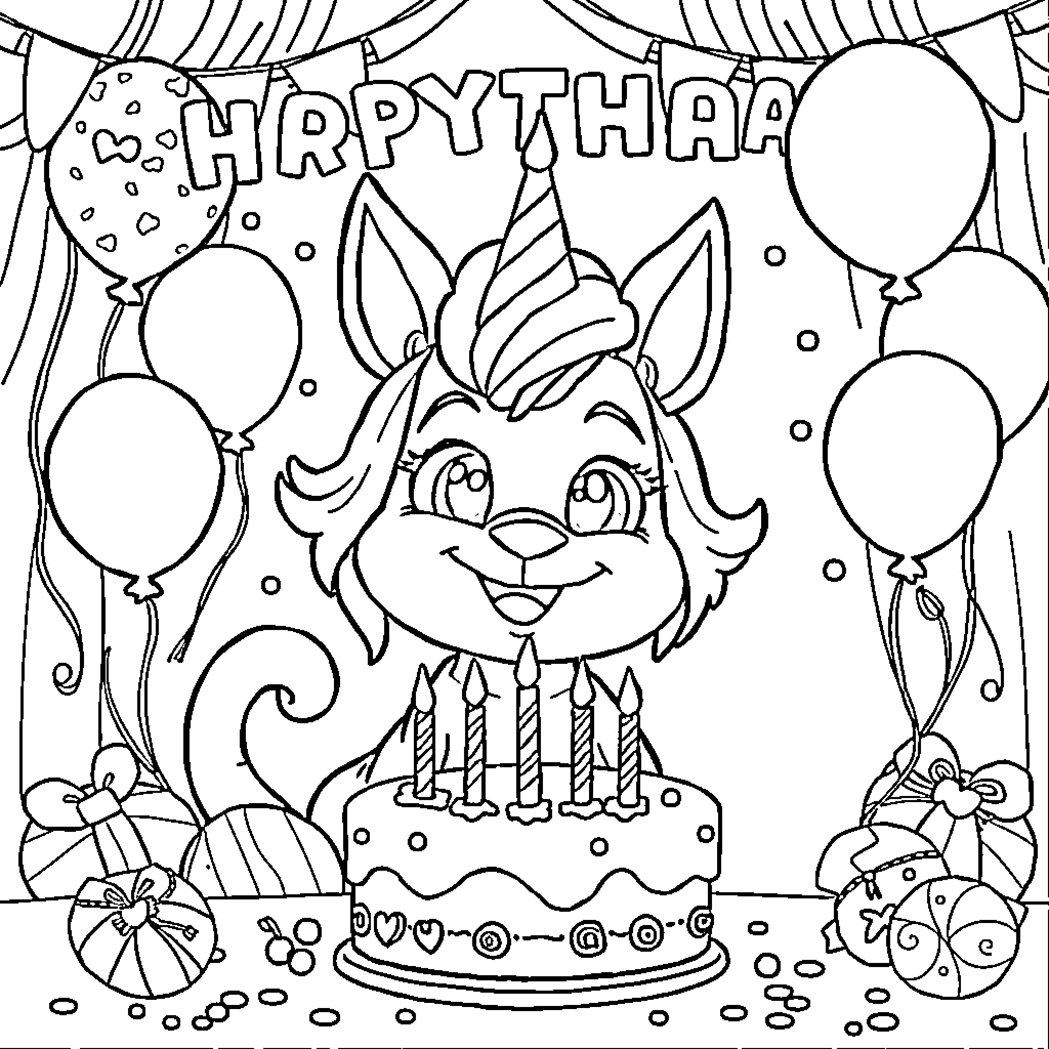Huntrix's Birthday Celebration with Balloons and Cake Coloring Page (free black-and-white line drawing printable PDF for all, from beginners to advanced learners, including children, teens, adults, and seniors)