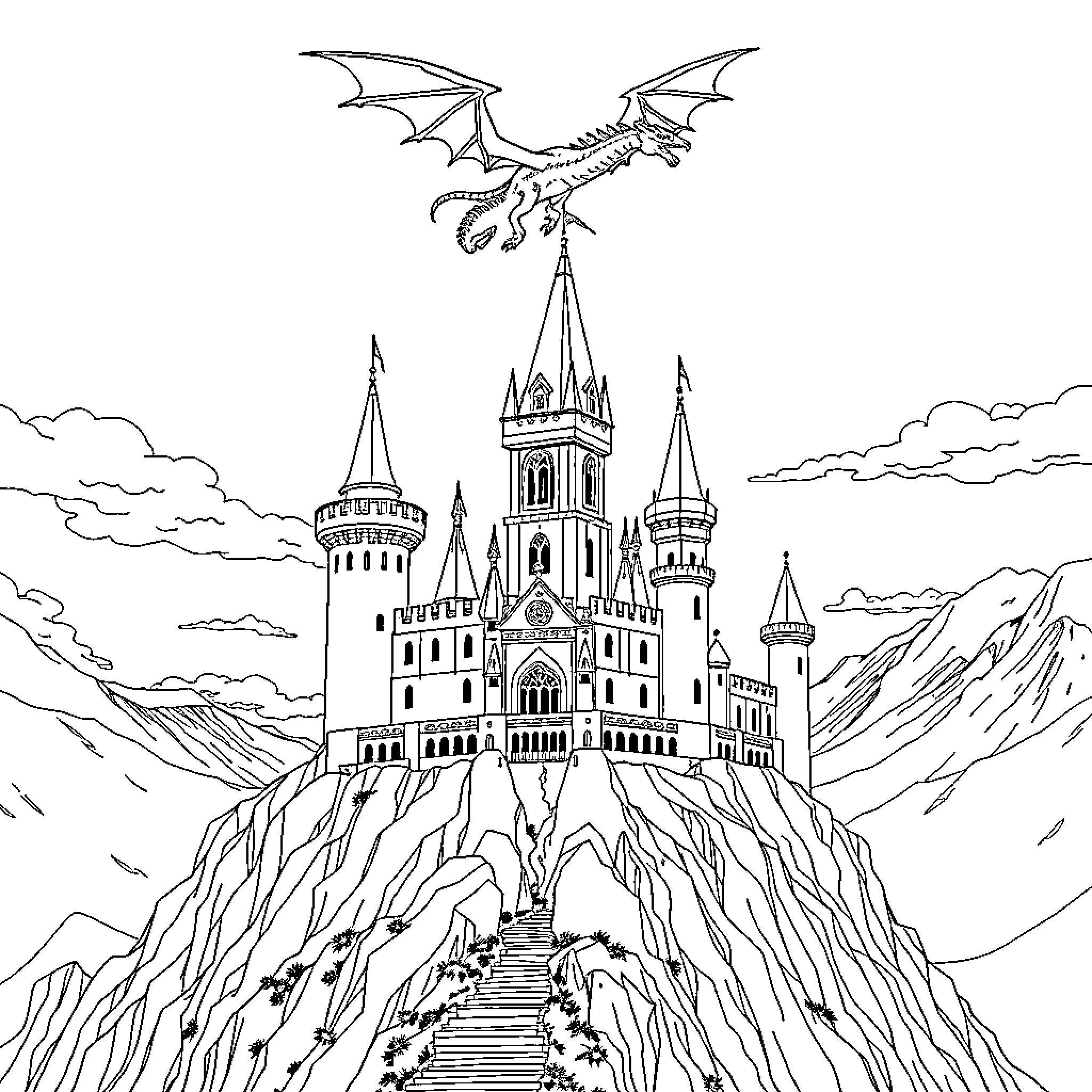 Dragon guarding the enchanted castle on the cliffside Coloring Page (free black-and-white line drawing printable PDF for all, from beginners to advanced learners, including children, teens, adults, and seniors)