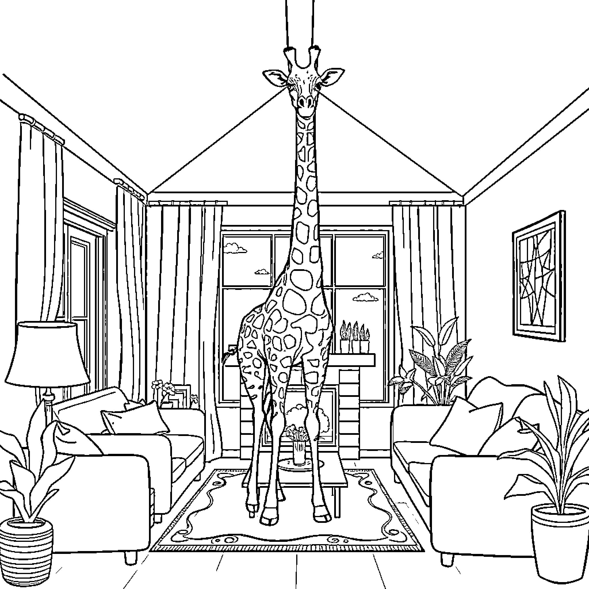 Giraffe relaxing in a cozy living room Coloring Page (free black-and-white line drawing printable PDF for all, from beginners to advanced learners, including children, teens, adults, and seniors)
