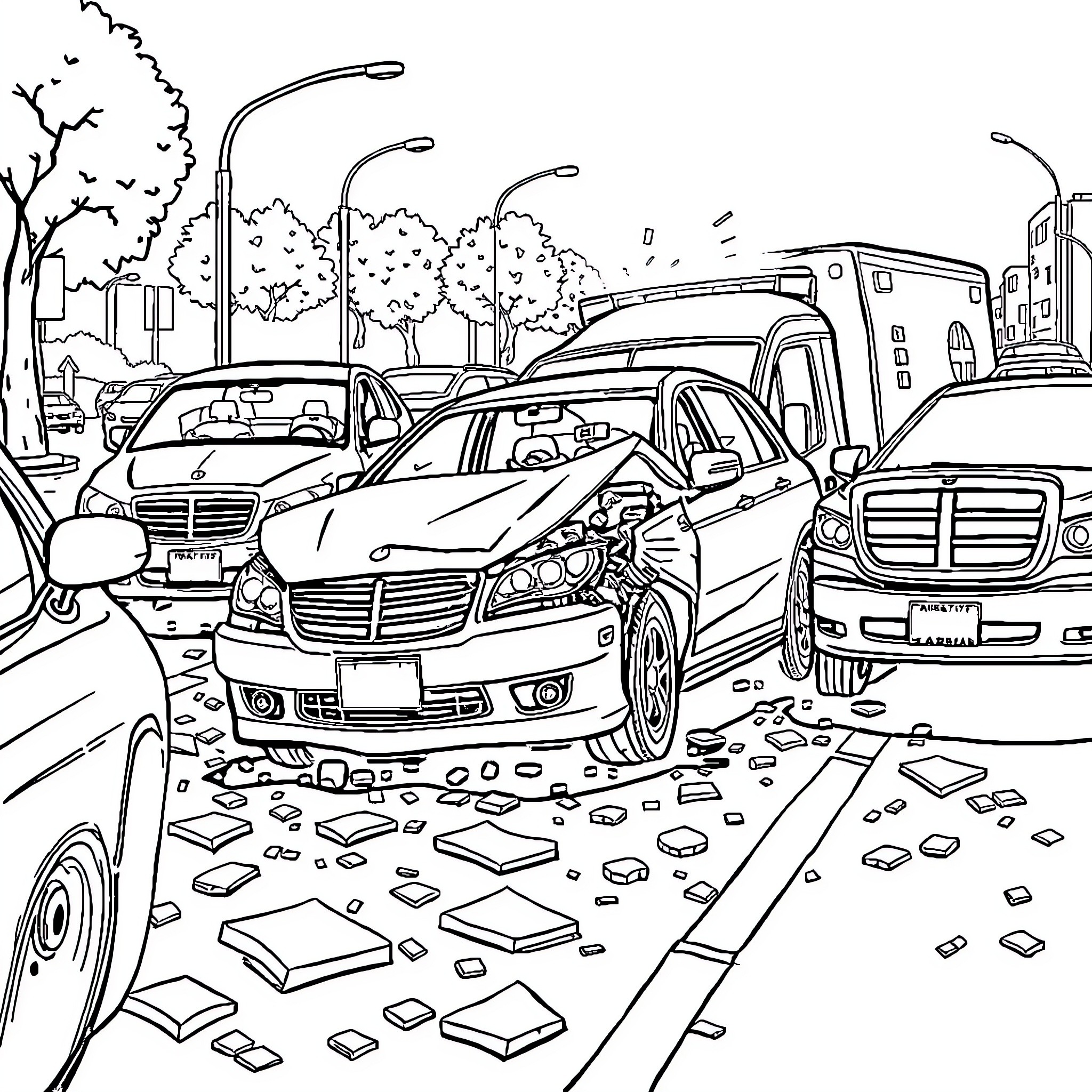 Car accident on city street with debris Coloring Page (free black-and-white line drawing printable PDF for all, from beginners to advanced learners, including children, teens, adults, and seniors)