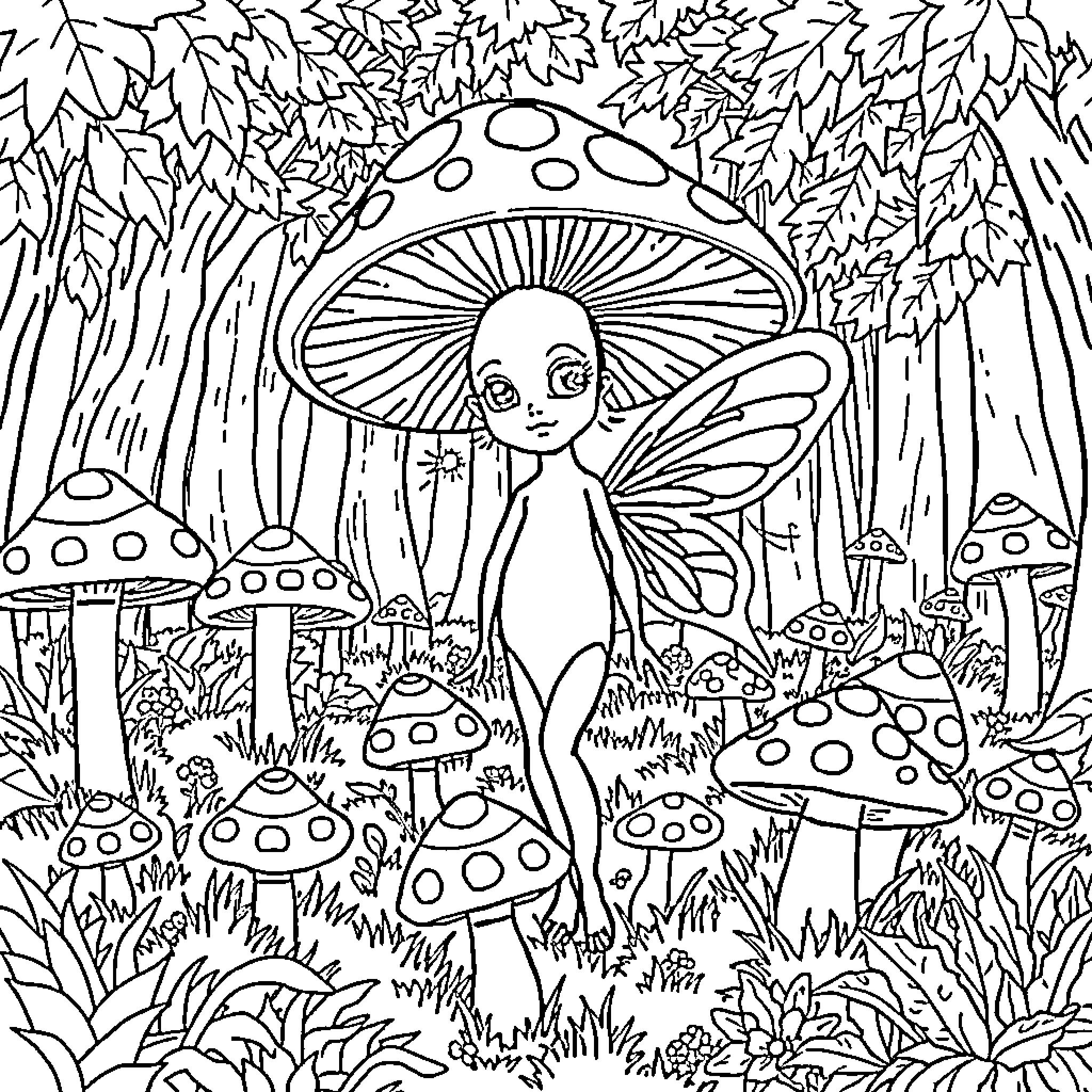 Toadstool fairy in a whimsical forest Coloring Page (free black-and-white line drawing printable PDF for all, from beginners to advanced learners, including children, teens, adults, and seniors)