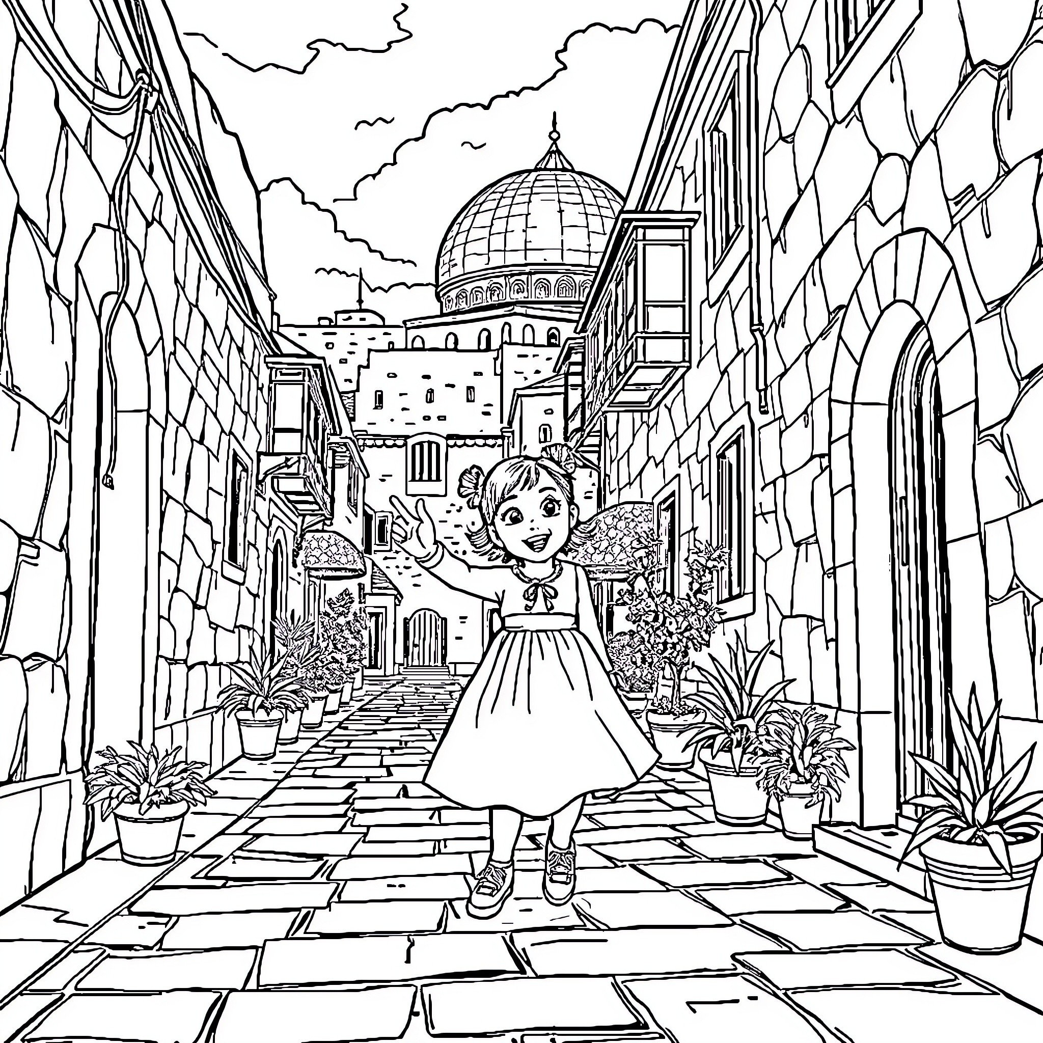 Girl exploring charming European street scene Coloring Page (free black-and-white line drawing printable PDF for all, from beginners to advanced learners, including children, teens, adults, and seniors)