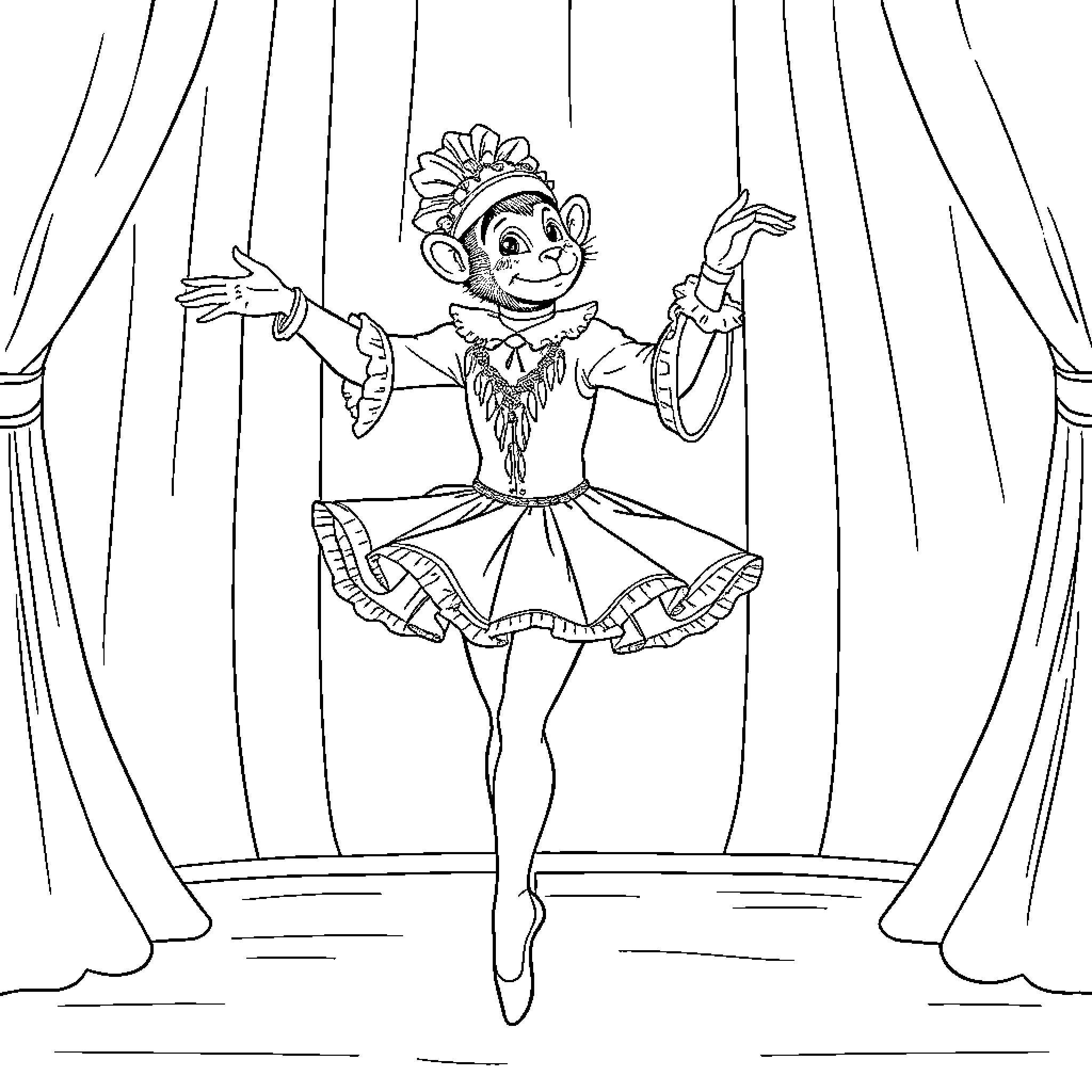 Ballerina performing on stage with theatrical curtains Coloring Page (free black-and-white line drawing printable PDF for all, from beginners to advanced learners, including children, teens, adults, and seniors)