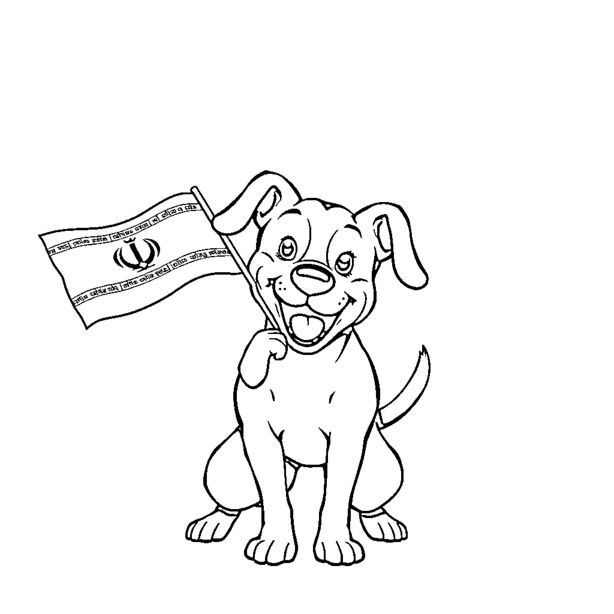 Dog waving a flag cheerfully Coloring Page (free black-and-white line drawing printable PDF for all, from beginners to advanced learners, including children, teens, adults, and seniors)