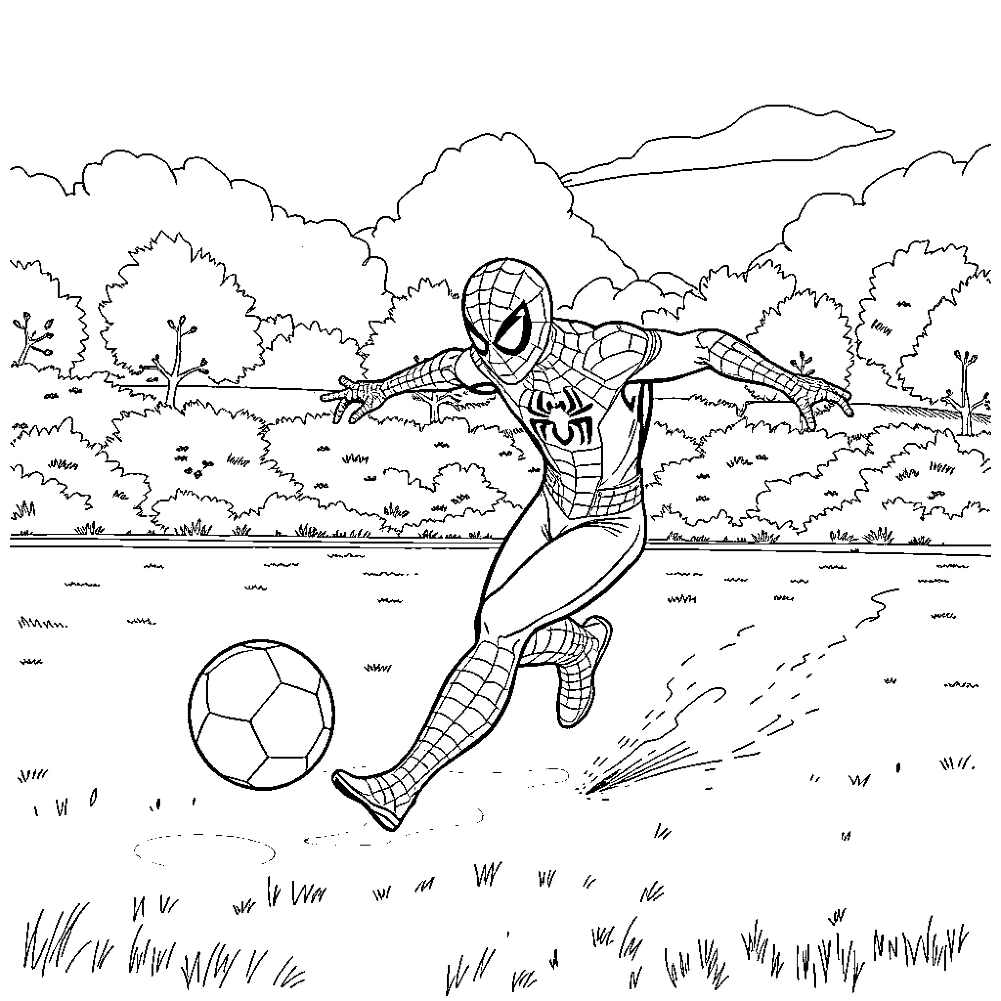 Spiderman playing soccer in the park Coloring Page (free black-and-white line drawing printable PDF for all, from beginners to advanced learners, including children, teens, adults, and seniors)