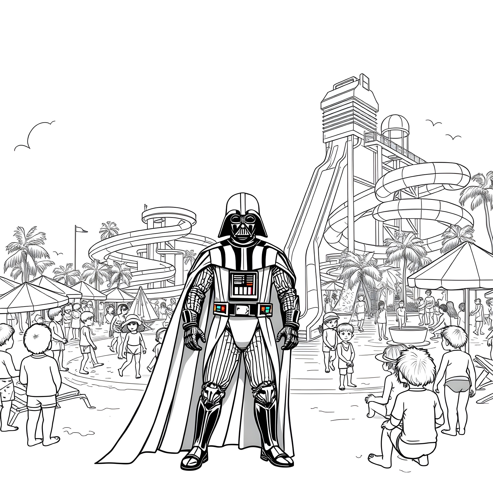 Darth Vader at the Futuristic Amusement Park Coloring Page (free black-and-white line drawing printable PDF for all, from beginners to advanced learners, including children, teens, adults, and seniors)