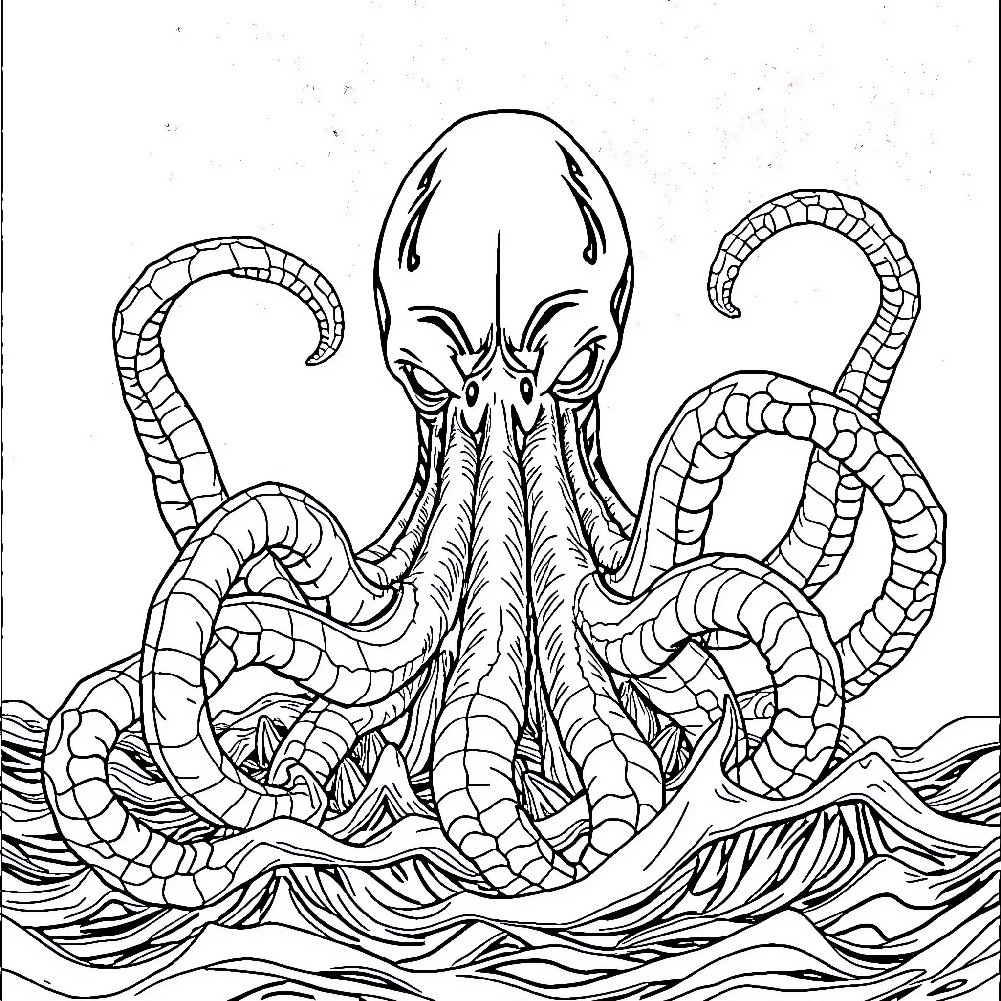 Cthulhu's Oceanic Emergence Coloring Page (free black-and-white line drawing printable PDF for all, from beginners to advanced learners, including children, teens, adults, and seniors)