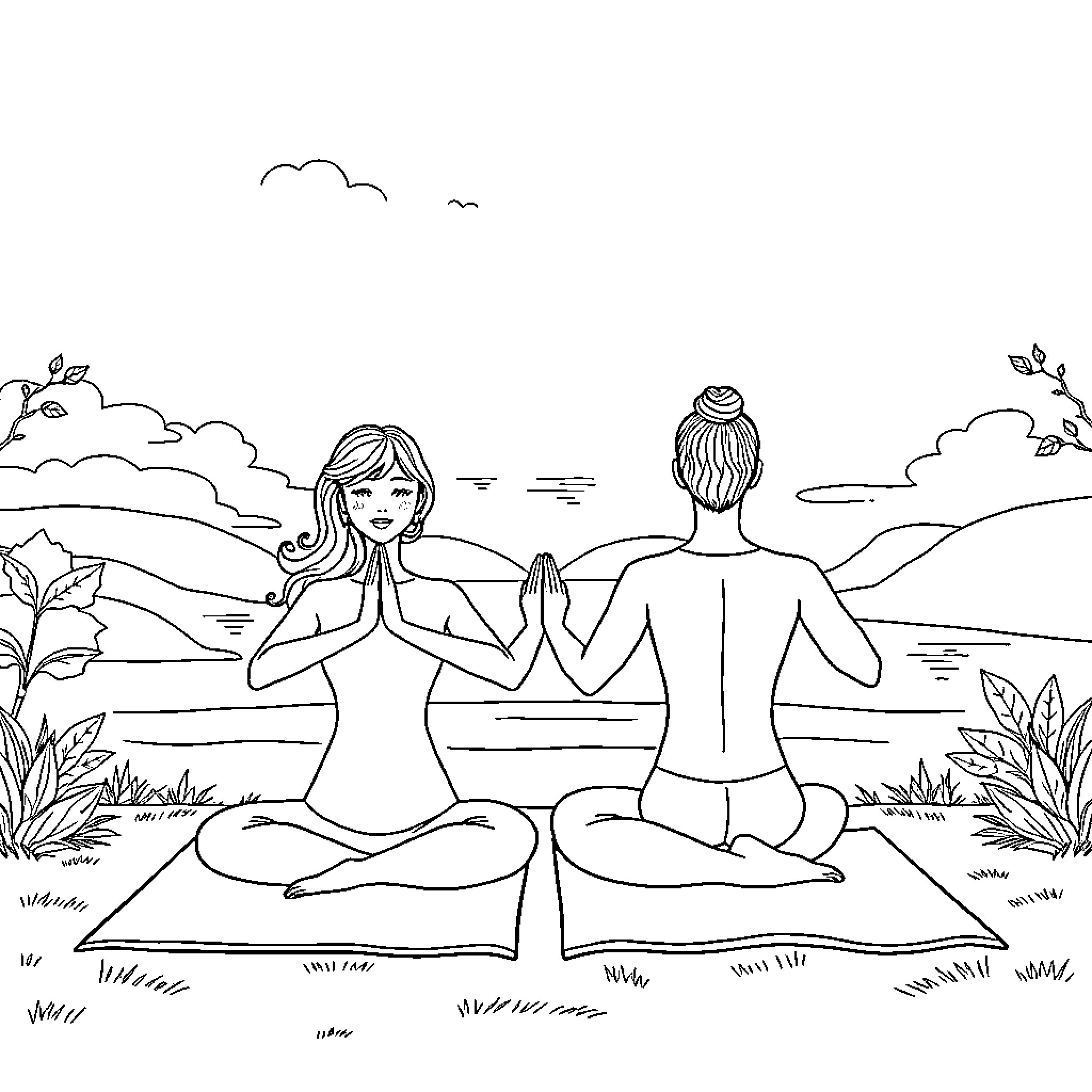 Couple practicing yoga together in nature Coloring Page (free black-and-white line drawing printable PDF for all, from beginners to advanced learners, including children, teens, adults, and seniors)