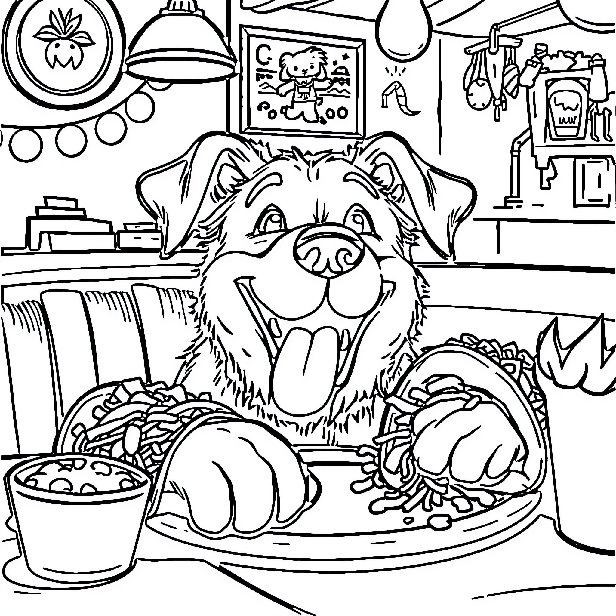Dog enjoying a meal in a cozy home Coloring Page (free black-and-white line drawing printable PDF for all, from beginners to advanced learners, including children, teens, adults, and seniors)
