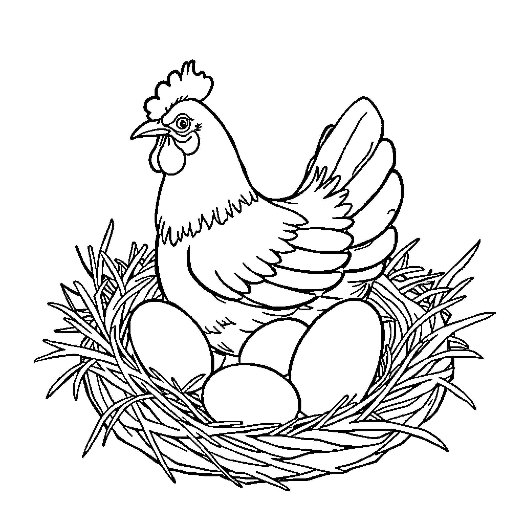 Hen sitting in nest with eggs Coloring Page (free black-and-white line drawing printable PDF for all, from beginners to advanced learners, including children, teens, adults, and seniors)