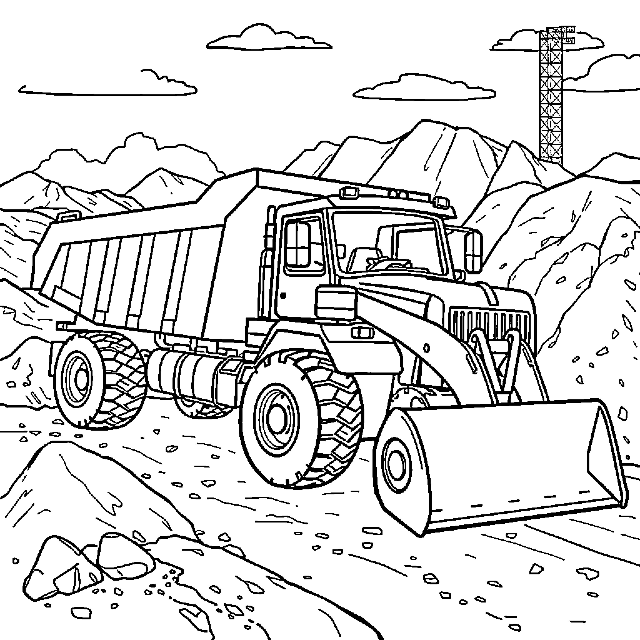 Dump Truck Transporting Heavy Loads in the Mountains Coloring Page (free black-and-white line drawing printable PDF for all, from beginners to advanced learners, including children, teens, adults, and seniors)