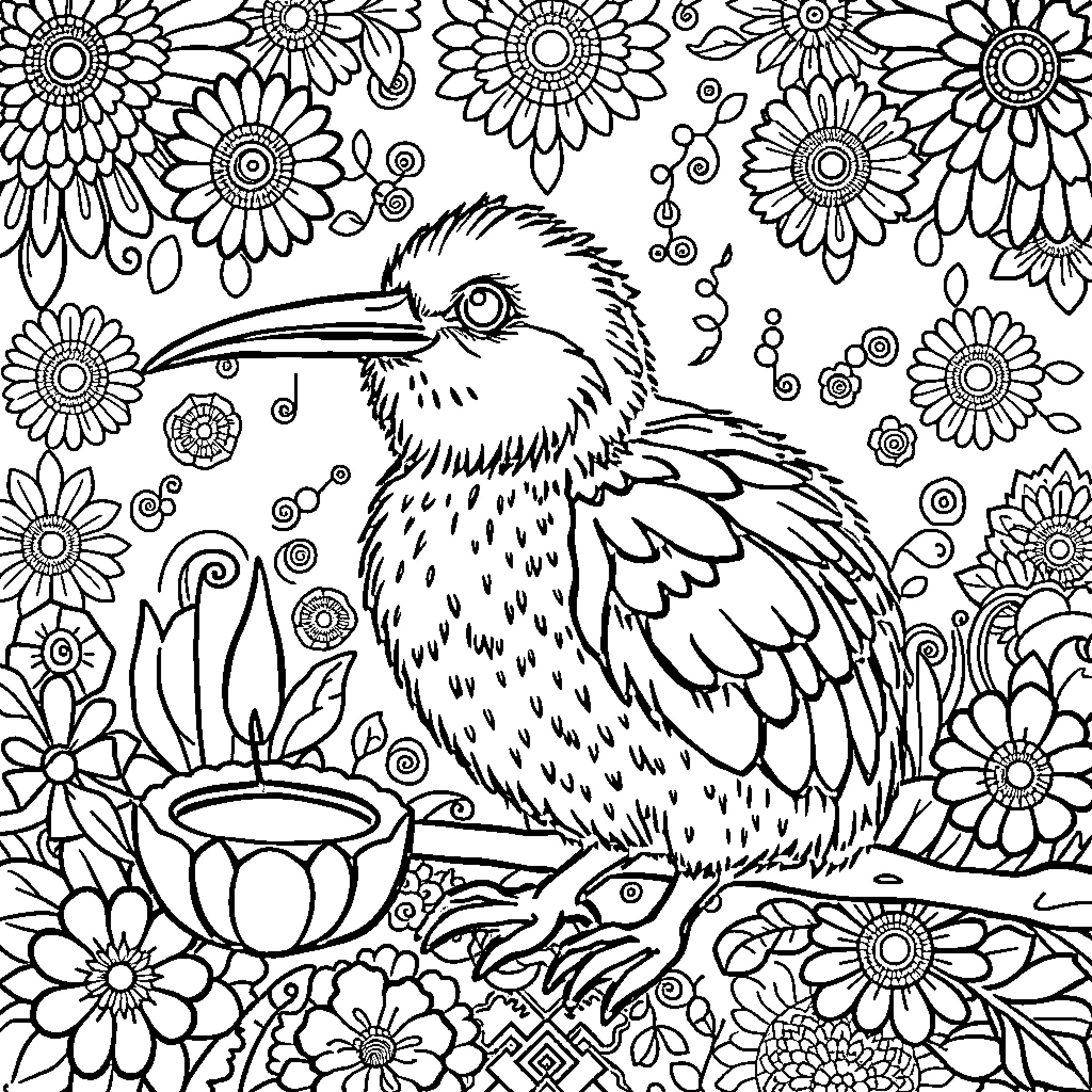 Kiwi bird surrounded by intricate floral patterns Coloring Page (free black-and-white line drawing printable PDF for all, from beginners to advanced learners, including children, teens, adults, and seniors)