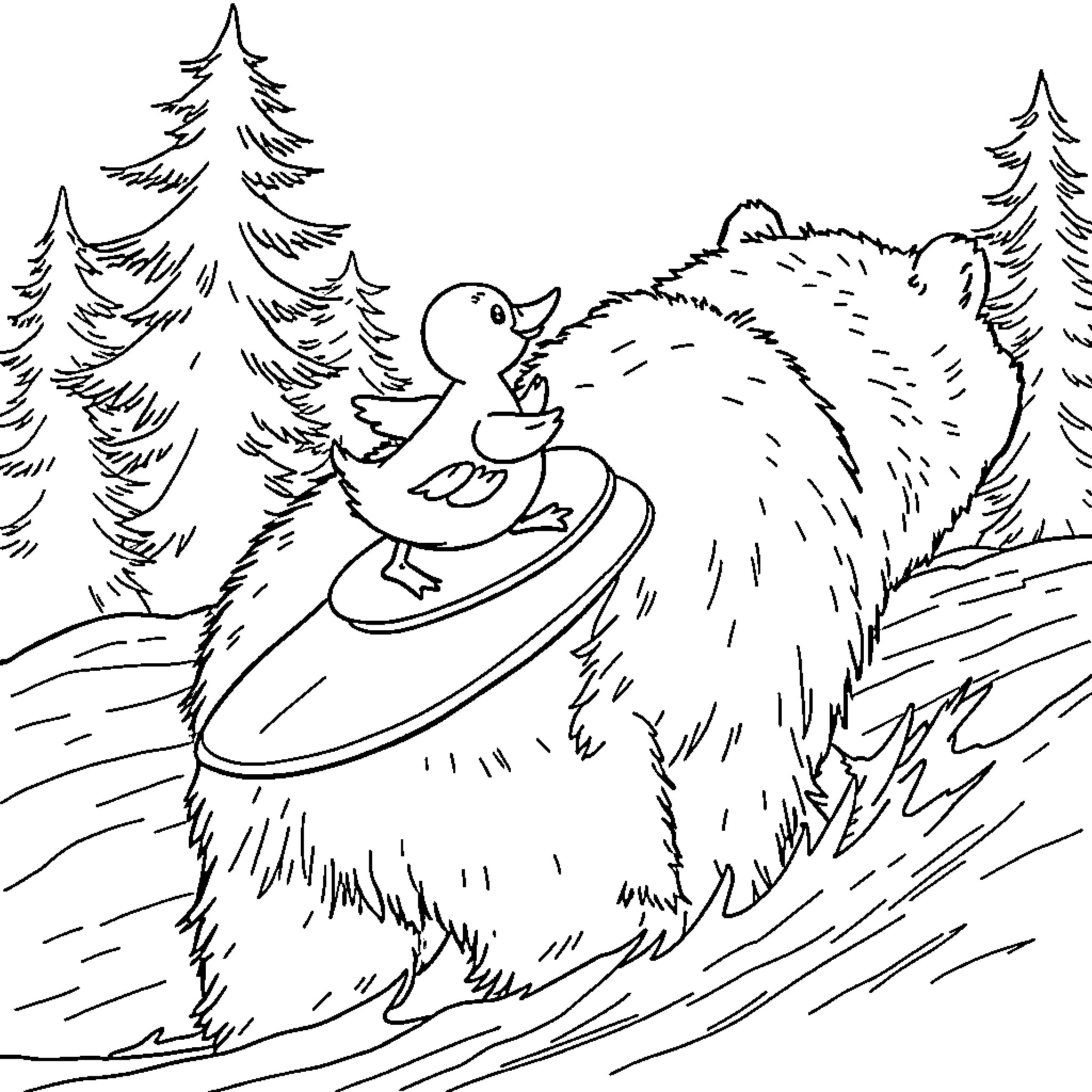 Duck riding on fluffy bear through snowy forest Coloring Page (free black-and-white line drawing printable PDF for all, from beginners to advanced learners, including children, teens, adults, and seniors)