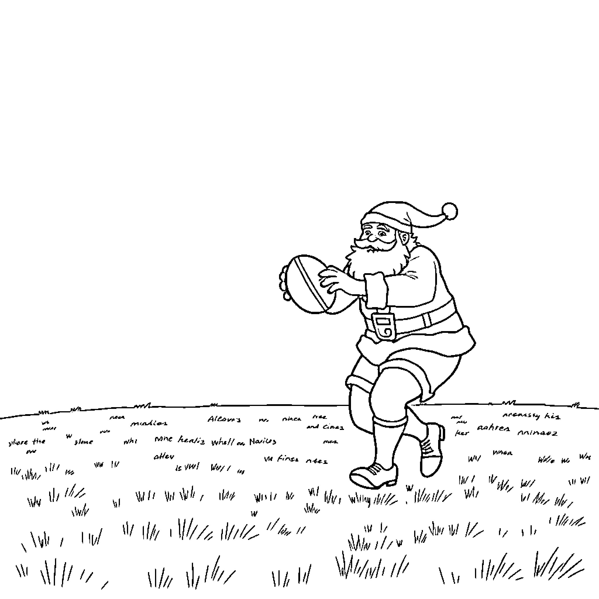 Santa running and playing with ball in field Coloring Page (free black-and-white line drawing printable PDF for all, from beginners to advanced learners, including children, teens, adults, and seniors)
