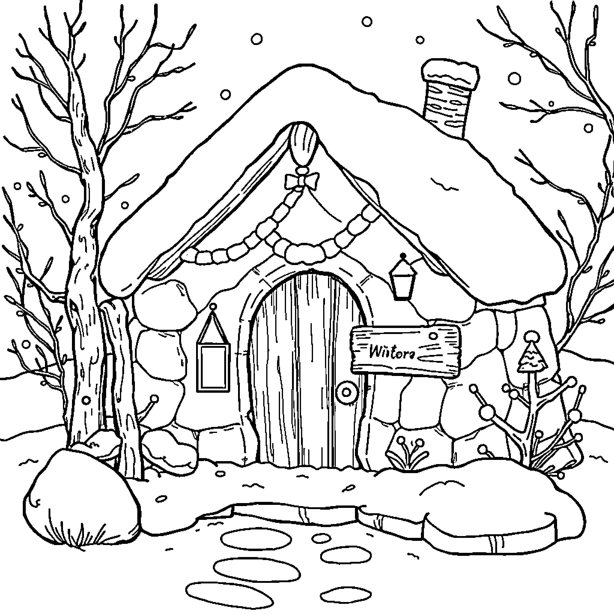 Gnome's Cozy Winter Cottage Coloring Page (free black-and-white line drawing printable PDF for all, from beginners to advanced learners, including children, teens, adults, and seniors)