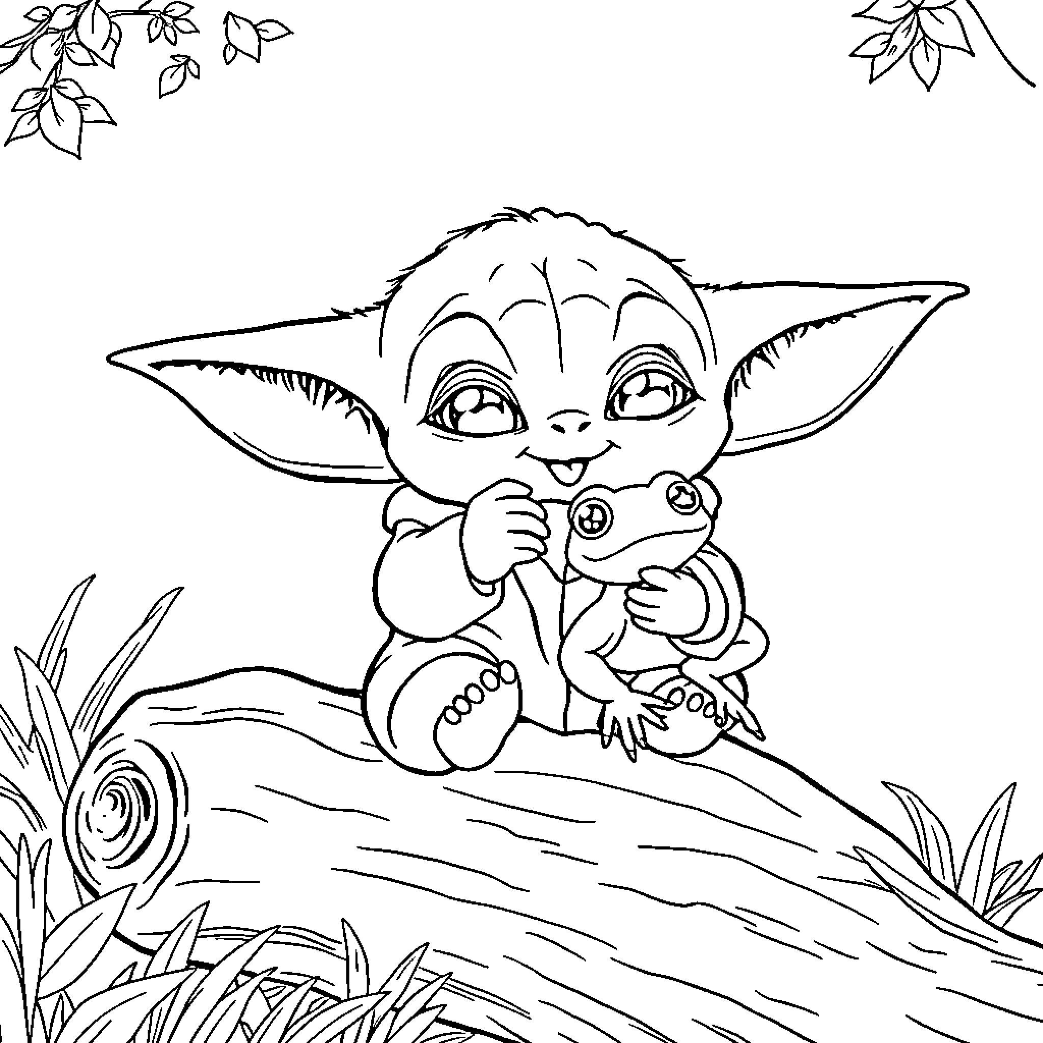 Baby Yoda playing with a frog Coloring Page (free black-and-white line drawing printable PDF for all, from beginners to advanced learners, including children, teens, adults, and seniors)